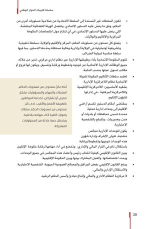 ‫الوطني‬ ‫الحوار‬ ‫كتيبات‬ ‫سلسلة‬
20
»»‫من‬ ‫أخرى‬ ‫مستويات‬ ‫صالحية‬ ‫من‬ ‫االتحادية‬ ‫السلطة‬ ‫إلى‬ ‫سندة‬ُ‫الم‬ ‫غير‬ ‫السلطات‬ ‫تكون‬
،‫ة‬ ّ‫المختص‬ ‫القضائية‬ ‫الهيئة‬ ‫وتفصل‬ .‫االتحادي‬ ‫الدستور‬ ‫عليه‬ ّ‫ينص‬ ‫ما‬ ‫وفق‬ ،‫الحكم‬
‫الحكومة‬ ‫اختصاصات‬ ‫حول‬ ‫تنازع‬ ّ‫أي‬ ‫في‬ ،‫االتحادي‬ ‫الدستور‬ ‫عليها‬ ّ‫ينص‬ ‫التي‬
.‫والواليات‬ ‫واألقاليم‬ ‫المركزية‬
»»‫تنفيذية‬ ‫بسلطة‬ ،‫والوالية‬ ‫واإلقليم‬ ‫المركز‬ ،‫الحكم‬ ‫مستويات‬ ‫من‬ ‫مستوى‬ ّ‫كل‬ ‫يتمتع‬
‫فيها‬ ‫بما‬ ،‫الدستور‬ ‫دها‬ّ‫يحد‬ ‫مستقلة‬ ‫ومالية‬ ‫وإدارية‬ )‫الوالية‬ ‫في‬ ‫(وتمثيلية‬ ‫وتشريعية‬
.‫الضرائب‬ ‫لجباية‬ ‫مناسبة‬ ‫سلطة‬
± 	‫خالله‬ ‫من‬ ‫تدير‬ ،‫مركزي‬ ‫إداري‬ ‫نظام‬ ‫عبر‬ ‫اإلدارية‬ ‫وظيفتها‬ ‫بأداء‬ ‫االتحادية‬ ‫الحكومة‬ ‫تقوم‬
‫أو‬ ‫فروع‬ ‫لها‬ ‫ويكون‬ ،‫وتنسيق‬ ‫ورقابة‬ ‫وتخطيط‬ ‫توجيه‬ ‫من‬ ‫االتحادية‬ ‫اإلدارية‬ ‫الوظائف‬ ‫جميع‬
.‫الحاجة‬ ‫بحسب‬ ‫عملها‬ ‫تسهل‬ ‫مكاتب‬
± 	‫للدولة‬ ‫المكونة‬ ‫األقاليم‬ ‫سلطات‬ ‫تعتمد‬
‫اإلدارية‬ ‫الالمركزية‬ ‫نظام‬ ‫االتحادية‬
‫اإلقليمية‬ ‫الالمركزية‬ :‫األساسيين‬ ‫بشقيه‬
‫إدارتها‬ ‫في‬ ، ‫المرفقية‬ ‫والالمركزية‬
.‫اإلقليم‬ ‫لشؤون‬
± 	‫أراضي‬ ‫تقسم‬ ‫الدستور‬ ‫أحكام‬ ‫بمقتضى‬
‫محلية‬ ‫إدارية‬ ‫وحدات‬ ‫إلى‬ ‫اإلقليم‬
‫أو‬ ‫بلديات‬ ‫أو‬ ‫محافظات‬ ‫تسمى‬ ‫محددة‬
‫بالشخصية‬ ‫وتتمتع‬ ، ‫ومديريات‬ ،‫مدن‬
.‫االعتبارية‬
± 	‫مجالس‬ ‫اإلدارية‬ ‫للوحدات‬ ‫يكون‬
‫شؤون‬ ‫وإدارة‬ ‫اإلشراف‬ ‫تتولى‬ ،‫منتخبة‬
‫ورقابة‬ ‫وتخطيطا‬ ‫توجيها‬ ‫الوحدات‬ ‫هذه‬
.‫اإلقليم‬ ‫حكومة‬ ‫لرقابة‬ ‫مهامها‬ ‫أداء‬ ‫في‬ ‫وتخضع‬ ،‫واإلداري‬ ‫المالي‬ ‫القرار‬ ‫في‬ ‫تام‬ ‫باستقالل‬
± 	،‫الوحدات‬ ‫جميع‬ ‫في‬ ‫المجالس‬ ‫هذه‬ ‫وأعضاء‬ ‫رئيس‬ ‫انتخاب‬ ‫كيفية‬ ‫اإلقليمي‬ ‫القانون‬ ‫يبين‬
.‫اإلقليمية‬ ‫الحكومة‬ ‫وبين‬ ‫بينها‬ ‫المشترك‬ ‫والعمل‬ ‫اختصاصاتها‬ ‫ويحدد‬
± 	‫االعتبارية‬ ‫الشخصية‬ ،‫الحيوية‬ ‫العمومية‬ ‫والمصالح‬ ‫المرافق‬ ‫بعض‬ ‫االقليمي‬ ‫القانون‬ ‫يمنح‬
.‫والمالي‬ ‫اإلداري‬ ‫واالستقالل‬
± 	.‫الرشيد‬ ‫الحكم‬ ‫وأسس‬ ‫مبادئ‬ ‫وإتباع‬ ‫والمالي‬ ‫االداري‬ ‫النظام‬ ‫مركزية‬ ‫ال‬
،‫الحكم‬ ‫مستويات‬ ‫من‬ ‫مستوى‬ ّ‫بكل‬ ‫ناط‬ ُ‫ت‬
‫بشكل‬ ‫والمسؤوليات‬ ‫والمهام‬ ‫السلطات‬
‫المواطنين‬ ‫لخدمة‬ ،‫تشاركي‬ ‫أو‬ ‫حصري‬
‫كل‬ ‫لدى‬ .‫واألقرب‬ ‫األفضل‬ ‫بالطريقة‬
‫سلطات‬ ‫الحكم‬ ‫مستويات‬ ‫من‬ ‫مستوى‬
،‫بفاعلية‬ ‫مهامه‬ ‫ألداء‬ ‫كافية‬ ‫وموارد‬
‫المسؤوليات‬ ‫من‬ ‫عادلة‬ ‫حصة‬ ‫ل‬ ّ‫ويتحم‬
.‫المشتركة‬
 