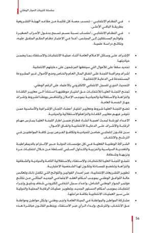 ‫الوطني‬ ‫الحوار‬ ‫كتيبات‬ ‫سلسلة‬
56
»»‫ـريعية‬‫ـ‬‫التش‬ ‫ـة‬‫ـ‬‫الهيئ‬ ‫ـد‬‫ـ‬‫مقاع‬ ‫ـن‬‫ـ‬‫م‬ ‫ـة‬‫ـ‬‫قائم‬ ‫كل‬ ‫ـة‬‫ـ‬‫حص‬ ‫ـب‬‫ـ‬‫تحس‬ - ‫ـي‬‫ـ‬‫االنتخاب‬ ‫ـام‬‫ـ‬‫النظ‬ ‫ـي‬‫ـ‬‫ف‬
.‫ـى‬‫ـ‬‫األعل‬ ‫ـي‬‫ـ‬‫الباق‬ ‫ـة‬‫ـ‬‫بطريق‬
»»‫ـرة‬‫ـ‬‫الصغي‬ ‫ـزاب‬‫ـ‬‫األح‬ ‫ـول‬‫ـ‬‫بدخ‬ ‫ـمح‬‫ـ‬‫تس‬ ‫ـم‬‫ـ‬‫حس‬ ‫ـبة‬‫ـ‬‫نس‬ ‫ـاب‬‫ـ‬‫احتس‬ ‫ـ‬ ‫ـي‬‫ـ‬‫االنتخاب‬ ‫ـام‬‫ـ‬‫النظ‬ ‫ـي‬‫ـ‬‫ف‬
،‫ـه‬‫ـ‬‫علي‬ ‫ـق‬‫ـ‬‫المتف‬ ‫ـم‬‫ـ‬‫الحك‬ ‫ـام‬‫ـ‬‫نظ‬ ‫ـار‬‫ـ‬‫االعتب‬ ‫ـي‬‫ـ‬‫ف‬ ‫ـذا‬‫ـ‬‫أخ‬ ،‫ـس‬‫ـ‬‫المجل‬ ‫ـى‬‫ـ‬‫إل‬ ‫ـتقلين‬‫ـ‬‫المس‬ ‫ـم‬‫ـ‬‫وقوائ‬
.‫ـة‬‫ـ‬‫علمي‬ ‫ـة‬‫ـ‬‫دراس‬ ‫ـج‬‫ـ‬‫ونتائ‬
± 	‫ـن‬‫ـ‬‫يضم‬ ‫ـا‬‫ـ‬‫بم‬ ‫ـتفتاء‬‫ـ‬‫واالس‬ ‫ـات‬‫ـ‬‫االنتخاب‬ ‫ـة‬‫ـ‬‫عملي‬ ‫ـاء‬‫ـ‬‫أثن‬ ‫ـة‬‫ـ‬‫العام‬ ‫ـام‬‫ـ‬‫االع‬ ‫ـائل‬‫ـ‬‫وس‬ ‫ـى‬‫ـ‬‫عل‬ ‫ـراف‬‫ـ‬‫اإلش‬
.‫ـا‬‫ـ‬‫حياديته‬
± 	.‫االنتخابية‬ ‫دعايتهم‬ ‫على‬ ‫المرشحون‬ ‫سينفقها‬ ‫التي‬ ‫لألموال‬ ‫على‬ ً‫ا‬‫سقف‬ ‫تحديد‬
± 	‫ـروعة‬‫ـ‬‫المش‬ ‫ـير‬‫ـ‬‫غـ‬ ‫ـوال‬‫ـ‬‫األم‬ ‫ـع‬‫ـ‬‫ومن‬ ‫ـاص‬‫ـ‬‫والخ‬ ‫ـام‬‫ـ‬‫الع‬ ‫ـال‬‫ـ‬‫الم‬ ‫ـاق‬‫ـ‬‫انف‬ ‫ـى‬‫ـ‬‫عل‬ ‫ـة‬‫ـ‬‫اللجن‬ ‫ـة‬‫ـ‬‫ومراقب‬ ‫ـراف‬‫ـ‬‫إش‬
.‫ـة‬‫ـ‬‫االنتخابي‬ ‫ـة‬‫ـ‬‫الدعاي‬ ‫ـي‬‫ـ‬‫ف‬ ‫ـتخدمة‬‫ـ‬‫المس‬
± 	.‫الوطني‬ ‫الرقم‬ ‫على‬ ‫باالعتماد‬ ‫االلكتروني‬ ‫االنتخابي‬ ‫للسجل‬ ‫الدوري‬ ‫التحديث‬
± 	‫الكفــاءة‬ ‫معاييــر‬ ‫الــى‬ ً‫ا‬‫اســتناد‬ ‫موظفيهــا‬ ‫اختيــار‬ ‫حــق‬ ‫لالنتخابــات‬ ‫العليــا‬ ‫اللجنــة‬ ‫تمنــح‬
‫ـراف‬‫ـ‬‫وإش‬ ‫ـروط‬‫ـ‬‫لش‬ ‫ـا‬‫ـ‬‫ووفق‬ ‫ـس‬‫ـ‬‫والتناف‬ ‫ـان‬‫ـ‬‫اإلع‬ ‫ـب‬‫ـ‬‫بموج‬ ‫ـة‬‫ـ‬‫والحيادي‬ ‫ـتقاللية‬‫ـ‬‫واالس‬ ‫ـة‬‫ـ‬‫والنزاه‬
.‫العامــة‬ ‫الخدمــة‬ ‫جهــاز‬
± 	‫ـن‬‫ـ‬‫مم‬ ‫ـية‬‫ـ‬‫واألساس‬ ‫ـرافية‬‫ـ‬‫اإلش‬ ‫ـان‬‫ـ‬‫اللج‬ ‫ـاء‬‫ـ‬‫أعض‬ ‫ـار‬‫ـ‬‫اختي‬ ‫ـر‬‫ـ‬‫ومعايي‬ ‫ـروط‬‫ـ‬‫ش‬ ‫ـا‬‫ـ‬‫العلي‬ ‫ـة‬‫ـ‬‫اللجن‬ ‫ـع‬‫ـ‬‫تض‬
.‫ـة‬‫ـ‬‫والحيادي‬ ‫ـتقاللية‬‫ـ‬‫والنزاهةواالس‬ ‫ـاءة‬‫ـ‬‫الكف‬ ‫ـر‬‫ـ‬‫معايي‬ ‫ـم‬‫ـ‬‫فيه‬ ‫ـر‬‫ـ‬‫تتوف‬
± 	‫مهــام‬ ‫يمــارس‬ ‫العليــا‬ ‫اللجنــة‬ ‫اطــار‬ ‫ضمــن‬ ‫قطــاع‬ ‫انشــاء‬ ‫اهميــة‬ ‫لبحــث‬ ‫لورشــة‬ ‫االعــداد‬
.‫االمــوال‬ ‫وانفــاق‬ ‫االنتخابيــة‬ ‫الدعايــة‬ ‫علــى‬ ‫واالشــراف‬ ‫الرقابــة‬
± 	‫فــي‬ ‫المواطنيــن‬ ‫كافــة‬ ‫بيــن‬ ‫الفــرص‬ ‫وتكافــؤ‬ ‫للحياديــة‬ ‫ضامــن‬ ‫إنتخابــي‬ ‫قانــون‬ ‫ســن‬
‫واالنتخــاب‬ ‫الترشــح‬
± 	‫بالديمقراطيــة‬ ‫االلـــتزام‬ ‫عـــبر‬ ‫الدولــة‬ ‫مؤسســات‬ ‫كل‬ ‫فــي‬ ‫الفعليــة‬ ‫الوطنيــة‬ ‫الشــراكة‬
‫حــرة‬ ‫انتخابــات‬ ‫خــال‬ ‫مــن‬ ‫للســلطة‬ ‫الســلمي‬ ‫والتــداول‬ ‫والحزبيــة‬ ‫السياســية‬ ‫والتعدديــة‬
.‫وشــفافة‬ ‫ونزيهــة‬
± 	‫ـفافية‬‫ـ‬‫والش‬ ‫ـة‬‫ـ‬‫والحيادي‬ ‫ـة‬‫ـ‬‫التام‬ ‫ـتقاللية‬‫ـ‬‫باالس‬ ‫ـتفتاء‬‫ـ‬‫واالس‬ ‫ـات‬‫ـ‬‫لالنتخاب‬ ‫ـا‬‫ـ‬‫العلي‬ ‫ـة‬‫ـ‬‫اللجن‬ ‫ـع‬‫ـ‬‫تتمت‬
.‫ـة‬‫ـ‬‫االعتباري‬ ‫ـخصية‬‫ـ‬‫الش‬ ‫ـا‬‫ـ‬‫له‬ ‫ـون‬‫ـ‬‫وتك‬ ‫ـاءلة‬‫ـ‬‫للمس‬ ‫ـع‬‫ـ‬‫وتخض‬ ‫ـة‬‫ـ‬‫والنزاه‬
± 	‫ـس‬‫ـ‬‫وتعك‬ ‫ـك‬‫ـ‬‫ذل‬ ‫ـل‬‫ـ‬‫تكف‬ ‫ـي‬‫ـ‬‫الت‬ ‫ـح‬‫ـ‬‫واللوائ‬ ‫ـن‬‫ـ‬‫القواني‬ ‫ـدار‬‫ـ‬‫إص‬ ‫ـر‬‫ـ‬‫عب‬ ،‫ـة‬‫ـ‬‫اإلنتخابي‬ ‫ـريعات‬‫ـ‬‫التش‬ ‫ـر‬‫ـ‬‫تطوي‬
‫نتائــج‬ ‫مــن‬ ‫المتأتــي‬ ‫الجديــد‬ ‫االجتماعــي‬ ‫العقــد‬ ‫أحــكام‬ ‫بموجــب‬ ‫الوطنــي‬ ‫التوافــق‬ ‫حالــة‬
‫ـراء‬‫ـ‬‫وإج‬ ‫ـق‬‫ـ‬‫ودقي‬ ‫ـفاف‬‫ـ‬‫ش‬ ‫ـي‬‫ـ‬‫إلكترون‬ ‫ـي‬‫ـ‬‫انتخاب‬ ‫ـجل‬‫ـ‬‫س‬ ‫ـداد‬‫ـ‬‫وإع‬ ،‫ـامل‬‫ـ‬‫الش‬ ‫ـي‬‫ـ‬‫الوطن‬ ‫ـوار‬‫ـ‬‫الح‬ ‫ـر‬‫ـ‬‫مؤتم‬
‫ـة‬‫ـ‬‫والدولي‬ ‫ـة‬‫ـ‬‫المحلي‬ ‫ـة‬‫ـ‬‫الرقاب‬ ‫ـات‬‫ـ‬‫عملي‬ ‫ـر‬‫ـ‬‫وتطوي‬ ،‫ـد‬‫ـ‬‫الجدي‬ ‫ـتور‬‫ـ‬‫الدس‬ ‫ـكام‬‫ـ‬‫أح‬ ‫ـب‬‫ـ‬‫بموج‬ ‫ـات‬‫ـ‬‫إنتخاب‬
.‫ـا‬‫ـ‬‫مراحله‬ ‫ـة‬‫ـ‬‫بكاف‬ ‫ـة‬‫ـ‬‫االنتخابي‬ ‫ـات‬‫ـ‬‫العملي‬ ‫ـير‬‫ـ‬‫س‬ ‫ـى‬‫ـ‬‫عل‬
± 	‫ـة‬‫ـ‬‫ومواطن‬ ‫ـن‬‫ـ‬‫مواط‬ ‫ـكل‬‫ـ‬‫ول‬ ‫ـي؛‬‫ـ‬‫وطن‬ ‫ـب‬‫ـ‬‫واج‬ ‫ـة‬‫ـ‬‫العام‬ ‫ـاة‬‫ـ‬‫الحي‬ ‫ـي‬‫ـ‬‫ف‬ ‫ـة‬‫ـ‬‫والمواطن‬ ‫ـن‬‫ـ‬‫المواط‬ ‫ـاركة‬‫ـ‬‫مش‬
‫ـذه‬‫ـ‬‫ه‬ ‫ـرة‬‫ـ‬‫مباش‬ ‫ـون‬‫ـ‬‫القان‬ ‫ـم‬‫ـ‬‫وينظ‬ .‫ـتفتاء‬‫ـ‬‫االس‬ ‫ـر‬‫ـ‬‫عب‬ ‫ـرأي‬‫ـ‬‫ال‬ ‫ـداء‬‫ـ‬‫وإب‬ ،‫ـح‬‫ـ‬‫والترش‬ ،‫ـاب‬‫ـ‬‫االنتخ‬ ‫ـق‬‫ـ‬‫ح‬
 