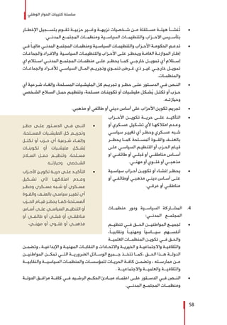 ‫الوطني‬ ‫الحوار‬ ‫كتيبات‬ ‫سلسلة‬
58
± 	‫اإلخطــار‬ ‫بتســـجيل‬ ‫تقــوم‬ ‫حزبيــة‬ ‫وغـــير‬ ‫نزيهــة‬ ‫شــخصيات‬ ‫مــن‬ ‫مســتقلة‬ ‫هيئــة‬ ‫ُنشـــأ‬‫ت‬
.‫المدنــي‬ ‫المجتمــع‬ ‫ومنظمــات‬ ‫السياســية‬ ‫والتنظيمــات‬ ‫االحــزاب‬ ‫بتأســيس‬
± 	‫ـي‬‫ـ‬‫ف‬ ً‫ا‬‫ـ‬‫ـ‬‫مالي‬ ‫ـي‬‫ـ‬‫المدن‬ ‫ـع‬‫ـ‬‫المجتم‬ ‫ـات‬‫ـ‬‫ومنظم‬ ‫ـية‬‫ـ‬‫السياس‬ ‫ـات‬‫ـ‬‫والتنظيم‬ ‫ـزاب‬‫ـ‬‫األح‬ ‫ـة‬‫ـ‬‫الحكوم‬ ‫ـم‬‫ـ‬‫تدع‬
‫ـات‬‫ـ‬‫والجماع‬ ‫ـراد‬‫ـ‬‫واالف‬ ‫ـية‬‫ـ‬‫السياس‬ ‫ـات‬‫ـ‬‫والتنظيم‬ ‫ـزاب‬‫ـ‬‫األح‬ ‫ـى‬‫ـ‬‫عل‬ ‫ـر‬‫ـ‬‫ويحظ‬ ‫ـة‬‫ـ‬‫العام‬ ‫ـة‬‫ـ‬‫الموازن‬ ‫ـار‬‫ـ‬‫إط‬
‫اي‬ ‫اســتالم‬ ‫المدنــي‬ ‫المجتمــع‬ ‫منظمــات‬ ‫علــى‬ ‫يحظــر‬ ‫كمــا‬ ‫خارجــي‬ ‫تمويــل‬ ‫أي‬ ‫إســتالم‬
‫والجماعــات‬ ‫لألفــراد‬ ‫السياســي‬ ‫المــال‬ ‫وتجريــم‬ ‫تنمــوي‬ ‫غــرض‬ ‫ذي‬ ‫غيــر‬ ‫خارجــي‬ ‫تمويــل‬
.‫والمنظمــات‬
± 	‫أي‬ ‫ـرعية‬‫ـ‬‫ش‬ ‫ـاء‬‫ـ‬‫وإلغ‬ ،‫ـلحة‬‫ـ‬‫المس‬ ‫ـيات‬‫ـ‬‫المليش‬ ‫كل‬ ‫ـم‬‫ـ‬‫تجري‬ ‫و‬ ‫ـر‬‫ـ‬‫حظ‬ ‫ـى‬‫ـ‬‫عل‬ ‫ـتور‬‫ـ‬‫الدس‬ ‫ـي‬‫ـ‬‫ف‬ ‫ـص‬‫ـ‬‫الن‬
‫ـخصي‬‫ـ‬‫الش‬ ‫ـاح‬‫ـ‬‫الس‬ ‫ـل‬‫ـ‬‫حم‬ ‫ـم‬‫ـ‬‫وتنظي‬ ،‫ـلحة‬‫ـ‬‫مس‬ ‫ـات‬‫ـ‬‫تكوين‬ ‫أو‬ ‫ـيات‬‫ـ‬‫مليش‬ ‫ـكل‬‫ـ‬‫ش‬ُ‫ي‬ ‫ـل‬‫ـ‬‫تكت‬ ‫أو‬ ‫ـزب‬‫ـ‬‫ح‬
.‫ـه‬‫ـ‬‫وحيازت‬
± 	.‫مذهبي‬ ‫أو‬ ‫طائفي‬ ‫أو‬ ‫ديني‬ ‫أساس‬ ‫على‬ ‫األحزاب‬ ‫تكوين‬ ‫تجريم‬
± 	‫األحــزاب‬ ‫تكويــن‬ ‫حريــة‬ ‫علــى‬ ‫التأكيــد‬
‫أو‬ ‫ـكري‬‫ـ‬‫عس‬ ‫ـكيل‬‫ـ‬‫تش‬ ‫ألي‬ ‫ـا‬‫ـ‬‫امتالكه‬ ‫ـدم‬‫ـ‬‫وع‬
‫ـي‬‫ـ‬‫سياس‬ ‫ـر‬‫ـ‬‫تغيي‬ ‫أي‬ ‫ـر‬‫ـ‬‫وحظ‬ ‫ـكري‬‫ـ‬‫عس‬ ‫ـبه‬‫ـ‬‫ش‬
‫يحظــر‬ ‫كمــا‬ ‫ألمســلحة‬ ‫والقــوة‬ ‫بالعنــف‬
‫ـى‬‫ـ‬‫عل‬ ‫ـي‬‫ـ‬‫السياس‬ ‫ـم‬‫ـ‬‫التنظي‬ ‫أو‬ ‫ـزب‬‫ـ‬‫الح‬ ‫ـام‬‫ـ‬‫قي‬
‫او‬ ‫طائفــي‬ ‫أو‬ ‫قبلــي‬ ‫أو‬ ‫مناطقــي‬ ‫أســاس‬
.‫مهنــي‬ ‫أو‬ ‫فئــوي‬ ‫أو‬ ‫مذهبــي‬
± 	‫ـية‬‫ـ‬‫سياس‬ ‫ـزاب‬‫ـ‬‫أح‬ ‫ـن‬‫ـ‬‫تكوي‬ ‫أو‬ ‫ـاء‬‫ـ‬‫إنش‬ ‫ـر‬‫ـ‬‫يحظ‬
‫أو‬ ‫ـي‬‫ـ‬‫أوطائف‬ ‫ـي‬‫ـ‬‫مذهب‬ ‫ـي‬‫ـ‬‫دين‬ ‫ـاس‬‫ـ‬‫أس‬ ‫ـى‬‫ـ‬‫عل‬
.‫ـي‬‫ـ‬‫عرق‬ ‫أو‬ ‫ـي‬‫ـ‬‫مناطق‬
44 .‫منظمــات‬ ‫ودور‬ ‫السياســية‬ ‫المشــاركة‬
:‫المدنــي‬ ‫المجتمــع‬
± 	‫تنظيــم‬ ‫فــي‬ ‫الحــق‬ ‫المواطنيــن‬ ‫لجميــع‬
،ً‫ا‬‫ونقابيــ‬ ً‫ا‬‫ومهنيــ‬ ً‫ا‬‫سيـــاسي‬ ‫أنفســهم‬
‫ـة‬‫ـ‬‫العلميـ‬ ‫ـات‬‫ـ‬‫المنظمـ‬ ‫ـن‬‫ـ‬‫تكوي‬ ‫ـي‬‫ـ‬‫فـ‬ ‫ـق‬‫ـ‬‫والح‬
‫ـن‬‫ـ‬‫وتضم‬ ‫ـ‬ ‫ـة‬‫ـ‬‫اإلبداعي‬ ‫و‬ ‫ـة‬‫ـ‬‫المهني‬ ‫ـات‬‫ـ‬‫النقاب‬ ‫و‬ ‫ـادات‬‫ـ‬‫واالتح‬ ‫ـة‬‫ـ‬‫الخيري‬ ‫و‬ ‫ـة‬‫ـ‬‫واالجتماعي‬ ‫ـة‬‫ـ‬‫والثقافي‬
‫المواطنيــن‬ ‫تمكــن‬ ‫التــي‬ ‫الضروريــة‬ ‫الوســائل‬ ‫جـــميع‬ ‫تتخــذ‬ ‫،كمــا‬ ‫الحــق‬ ‫هــذا‬ ‫الدولــة‬
‫ـة‬‫ـ‬‫والنقابيـ‬ ‫ـة‬‫ـ‬‫السياسيـ‬ ‫ـات‬‫ـ‬‫والمنظم‬ ‫ـات‬‫ـ‬‫للمؤسس‬ ‫ـات‬‫ـ‬‫الحري‬ ‫ـة‬‫ـ‬‫كاف‬ ‫ـن‬‫ـ‬‫وتضم‬ ، ‫ـته‬‫ـ‬‫ممارس‬ ‫ـن‬‫ـ‬‫م‬
. ‫ـة‬‫ـ‬‫واالجتماعيـ‬ ‫ـة‬‫ـ‬‫والعلميـ‬ ‫ـة‬‫ـ‬‫والثقافيـ‬
± 	‫الدولــة‬ ‫مرافــق‬ ‫كافــة‬ ‫فــي‬ ‫الرشــيد‬ ‫الحكــم‬ ‫مبــادئ‬ ‫اعتمــاد‬ ‫علــى‬ ‫الدســتور‬ ‫فــي‬ ‫النــص‬
.‫المدنــي‬ ‫المجتمــع‬ ‫ومنظمــات‬
ŨŨ‫حظــر‬ ‫علــى‬ ‫الدســتور‬ ‫فــي‬ ‫النــص‬
،‫المســلحة‬ ‫المليشــيات‬ ‫كل‬ ‫وتجريــم‬
‫تكتــل‬ ‫أو‬ ‫حــزب‬ ‫أي‬ ‫شــرعية‬ ‫وإلغــاء‬
‫تكوينــات‬ ‫أو‬ ‫مليشــيات‬ ‫شــكل‬ ُ‫ي‬
‫الســاح‬ ‫حمــل‬ ‫وتنظيــم‬ ،‫مســلحة‬
.‫وحيازتــه‬ ‫الشــخصي‬
ŨŨ‫األحــزاب‬ ‫تكويــن‬ ‫حريــة‬ ‫علــى‬ ‫التأكيــد‬
‫تشــكيل‬ ‫ألي‬ ‫امتالكهــا‬ ‫وعــدم‬
‫وحظــر‬ ‫عســكري‬ ‫شــبه‬ ‫أو‬ ‫عســكري‬
‫ـوة‬‫ـ‬‫والق‬ ‫ـف‬‫ـ‬‫بالعن‬ ‫ـي‬‫ـ‬‫سياس‬ ‫ـر‬‫ـ‬‫تغيي‬ ‫أي‬
‫الحــزب‬ ‫قيــام‬ ‫يحظــر‬ ‫كمــا‬ ‫ألمســلحة‬
‫أســاس‬ ‫علــى‬ ‫السياســي‬ ‫التنظيــم‬ ‫أو‬
‫أو‬ ‫طائفــي‬ ‫أو‬ ‫قبلــي‬ ‫أو‬ ‫مناطقــي‬
.‫مهنــي‬ ‫أو‬ ‫فئــوي‬ ‫أو‬ ‫مذهبــي‬
 