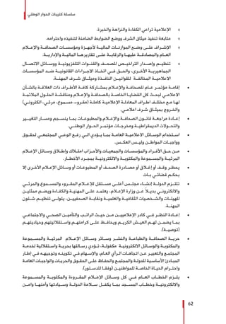 ‫الوطني‬ ‫الحوار‬ ‫كتيبات‬ ‫سلسلة‬
62
»».‫والخبرة‬ ‫والنزاهة‬ ‫الكفاءة‬ ‫تراعي‬ ‫اإلعالمية‬
»».‫واحترامه‬ ‫لتنفيذه‬ ‫الضامنة‬ ‫الضوابط‬ ‫ووضع‬ ‫الشرف‬ ‫ميثاق‬ ‫تنفيذ‬ ‫متابعة‬
»»‫واإلعــام‬ ‫الصحافــة‬ ‫ومؤسســات‬ ‫ألجهــزة‬ ‫الماليــة‬ ‫الموازنــات‬ ‫وضــع‬ ‫علــى‬ ‫اإلشــراف‬
.‫واإلداريــة‬ ‫الماليــة‬ ‫تقاريرهــا‬ ‫علــى‬ ‫والرقابــة‬ ‫عليهــا‬ ‫والمصادقــة‬ ‫العــام‬
»»‫االتصــال‬ ‫ووســائل‬ ‫التلفزيونيــة‬ ‫والقنــوات‬ ‫للصحــف‬ ‫التراخيــص‬ ‫وإصــدار‬ ‫تنظيــم‬
‫المؤسســات‬ ‫ضــد‬ ‫القانونيــة‬ ‫االجــراءات‬ ‫اتخــاذ‬ ‫فــي‬ ‫والحــق‬ ،‫األخــرى‬ ‫الجماهيريــة‬
.‫المهنــة‬ ‫شــرف‬ ‫وميثــاق‬ ‫النافــذة‬ ‫للقوانيــن‬ ‫المخالفــة‬ ‫االعالميــة‬
± 	‫بالشــأن‬ ‫العالقــة‬ ‫ذات‬ ‫األطــراف‬ ‫كافــة‬ ‫بمشــاركة‬ ‫واإلعــام‬ ‫للصحافــة‬ ‫عــام‬ ‫مؤتمــر‬ ‫إقامــة‬
‫ـة‬‫ـ‬‫المالئم‬ ‫ـول‬‫ـ‬‫الحل‬ ‫ـة‬‫ـ‬‫ومناقش‬ ‫ـام‬‫ـ‬‫واإلع‬ ‫ـة‬‫ـ‬‫بالصحاف‬ ‫ـة‬‫ـ‬‫الخاص‬ ‫ـا‬‫ـ‬‫القضاي‬ ‫كل‬ ‫ـث‬‫ـ‬‫لبح‬ ‫ـي‬‫ـ‬‫االعالم‬
)‫ـي‬‫ـ‬‫الكترون‬ ،‫ـي‬‫ـ‬‫مرئ‬ ،‫ـموع‬‫ـ‬‫مس‬ ،‫ـروء‬‫ـ‬‫(مق‬ ‫ـة‬‫ـ‬‫كامل‬ ‫ـة‬‫ـ‬‫اإلعالمي‬ ‫ـة‬‫ـ‬‫المعادل‬ ‫ـراف‬‫ـ‬‫اط‬ ‫ـف‬‫ـ‬‫مختل‬ ‫ـع‬‫ـ‬‫م‬ ‫ـا‬‫ـ‬‫له‬
.‫ـي‬‫ـ‬‫اعالم‬ ‫ـرف‬‫ـ‬‫ش‬ ‫ـاق‬‫ـ‬‫بميث‬ ‫ـروج‬‫ـ‬‫والخ‬
± 	‫التغيـــير‬ ‫ومســار‬ ‫ينســجم‬ ‫بمــا‬ ‫والمطبوعــات‬ ‫واإلعــام‬ ‫الصحافــة‬ ‫قانــون‬ ‫مراجعــة‬ ‫إعــادة‬
.‫الوطنــي‬ ‫الحــوار‬ ‫مؤتمــر‬ ‫ومخرجــات‬ ‫الديمقراطيــة‬ ‫والتحــوالت‬
± 	‫لحقــوق‬ ‫المجتمعــي‬ ‫الوعــي‬ ‫رفــع‬ ‫الــي‬ ‫يــؤدي‬ ‫بمــا‬ ‫العامــة‬ ‫االعالميــة‬ ‫الوســائل‬ ‫اســتخدام‬
.‫العكــس‬ ‫وليــس‬ ‫المواطــن‬ ‫وواجبــات‬
± 	‫اإلعــام‬ ‫وســائل‬ ‫وإطــاق‬ ‫امتــاك‬ ‫واألحــزاب‬ ‫والجمعيــات‬ ‫والمؤسســات‬ ‫األفــراد‬ ‫حــق‬ ‫مــن‬
.‫األخطــار‬ ‫بمجــرد‬ ‫وااللكترونيــة‬ ‫والمكتوبــة‬ ‫والمســموعة‬ ‫المرئيــة‬
± 	‫إال‬ ‫ـرى‬‫ـ‬‫األخ‬ ‫ـام‬‫ـ‬‫اإلع‬ ‫ـائل‬‫ـ‬‫وس‬ ‫أو‬ ‫ـات‬‫ـ‬‫المطبوع‬ ‫أو‬ ‫ـف‬‫ـ‬‫الصح‬ ‫ـادرة‬‫ـ‬‫مص‬ ‫أو‬ ‫ـاق‬‫ـ‬‫إغ‬ ‫أو‬ ‫ـف‬‫ـ‬‫وق‬ ‫ـر‬‫ـ‬‫يحظ‬
‫ـات‬‫ـ‬‫ب‬ ‫ـي‬‫ـ‬‫قضائ‬ ‫ـم‬‫ـ‬‫بحك‬
± 	‫والمرئــي‬ ‫والمســموع‬ ‫المقــروء‬ ‫لإلعــام‬ ‫مســتقل‬ ‫أعلــى‬ ‫مجلــس‬ ‫إنشــاء‬ ‫الدولــة‬ ‫تلتــزم‬
‫ـن‬‫ـ‬‫ممثلي‬ ‫ـم‬‫ـ‬‫ويض‬ ‫ـاءة‬‫ـ‬‫والكف‬ ‫ـة‬‫ـ‬‫المهني‬ ‫ـى‬‫ـ‬‫عل‬ ‫ـد‬‫ـ‬‫يعتم‬ ،‫ـام‬‫ـ‬‫اإلع‬ ‫وزارة‬ ‫ـن‬‫ـ‬‫ع‬ ً‫ا‬‫ـ‬‫ـ‬‫بدي‬ ‫ـي‬‫ـ‬‫وااللكترون‬
‫شــئون‬ ‫تنظيــم‬ ‫يتولــى‬ ،‫الصحفييــن‬ ‫ونقابــة‬ ‫والعلميــة‬ ‫الثقافيــة‬ ‫والشــخصيات‬ ‫للهيئــات‬
.‫المهنــة‬
± 	‫واالجتماعــي‬ ‫الصحــي‬ ‫والتأميــن‬ ‫الراتــب‬ ‫حيــث‬ ‫مــن‬ ‫اإلعالمييــن‬ ‫كادر‬ ‫فــي‬ ‫النظــر‬ ‫إعــادة‬
‫وحياديتهــم‬ ‫واســتقالليتهم‬ ‫كرامتهــم‬ ‫علــى‬ ‫ويحافــظ‬ ‫الكريــم‬ ‫العيــش‬ ‫لهــم‬ ‫يضمــن‬ ‫بمــا‬
.)‫(توصيــة‬
± 	‫والمســموعة‬ ‫المرئيــة‬ ‫اإلعــام‬ ‫وســائل‬ ‫وســائر‬ ‫والنشــر‬ ‫والطباعــة‬ ‫الصحافــة‬ ‫حريــة‬
‫ـة‬‫ـ‬‫لخدم‬ ‫ـتقاللية‬‫ـ‬‫واس‬ ‫ـة‬‫ـ‬‫بحري‬ ‫ـالتها‬‫ـ‬‫رس‬ ‫ـؤدي‬‫ـ‬‫ت‬ ،‫ـة‬‫ـ‬‫مكفول‬ ‫ـة‬‫ـ‬‫االلكتروني‬ ‫ـائل‬‫ـ‬‫والوس‬ ‫ـة‬‫ـ‬‫والمكتوب‬
‫ـار‬‫ـ‬‫إط‬ ‫ـي‬‫ـ‬‫ف‬ ‫ـه‬‫ـ‬‫وتوجيه‬ ‫ـه‬‫ـ‬‫تكوين‬ ‫ـي‬‫ـ‬‫ف‬ ‫ـهام‬‫ـ‬‫واإلس‬ ،‫ـام‬‫ـ‬‫الع‬ ‫ـرأي‬‫ـ‬‫ال‬ ‫ـات‬‫ـ‬‫اتجاه‬ ‫ـن‬‫ـ‬‫ع‬ ‫ـر‬‫ـ‬‫والتعبي‬ ‫ـع‬‫ـ‬‫المجتم‬
‫ـة‬‫ـ‬‫العام‬ ‫ـات‬‫ـ‬‫والواجب‬ ‫ـات‬‫ـ‬‫والحري‬ ‫ـوق‬‫ـ‬‫الحق‬ ‫ـى‬‫ـ‬‫عل‬ ‫ـاظ‬‫ـ‬‫والحف‬ ‫ـع‬‫ـ‬‫والمجتم‬ ‫ـة‬‫ـ‬‫للدول‬ ‫ـية‬‫ـ‬‫األساس‬ ‫ـادئ‬‫ـ‬‫المب‬
.)‫ـتور‬‫ـ‬‫للدس‬ ‫ـا‬‫ـ‬‫(وفق‬ ‫ـن‬‫ـ‬‫للمواطني‬ ‫ـة‬‫ـ‬‫الخاص‬ ‫ـاة‬‫ـ‬‫الحي‬ ‫ـرام‬‫ـ‬‫واحت‬
± 	‫والمســموعة‬ ‫والمكتوبــة‬ ‫المقــروءة‬ ‫اإلعــام‬ ‫وســائل‬ ‫كل‬ ‫فــي‬ ‫العــام‬ ‫الخطــاب‬ ‫يلــزم‬
‫وامــن‬ ‫وأمنهــا‬ ‫وســيادتها‬ ‫الدولــة‬ ‫ســامة‬ ‫يكفــل‬ ‫بمــا‬ ‫المســجد‬ ‫وخطــاب‬ ‫وااللكترونيــة‬
 