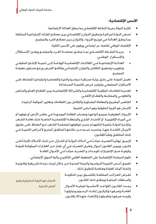 ‫الوطني‬ ‫الحوار‬ ‫كتيبات‬ ‫سلسلة‬
8
:‫اإلقتصادية‬ ‫األسس‬
Ũ 	.‫االجتماعية‬ ‫العدالة‬ ‫يحقق‬ ‫بما‬ ‫اإلقتصادي‬ ‫النشاط‬ ‫بحرية‬ ‫الدولة‬ ‫تلتزم‬
Ũ 	‫المختلفة‬ ‫ـة‬‫ـ‬‫اإلجتماعي‬ ‫ـات‬‫ـ‬‫الفئ‬ ‫ـح‬‫ـ‬‫مصال‬ ‫ـن‬‫ـ‬‫بي‬ ‫ـادي‬‫ـ‬‫اإلقتص‬ ‫ـوازن‬‫ـ‬‫الت‬ ‫ـق‬‫ـ‬‫وتحقي‬ ‫ـة‬‫ـ‬‫لمراقب‬ ‫ـة‬‫ـ‬‫الدول‬ ‫ـعى‬‫ـ‬‫تس‬
. ‫ـع‬‫ـ‬‫والمجتم‬ ‫ـرد‬‫ـ‬‫الف‬ ‫ـح‬‫ـ‬‫مصال‬ ‫ـن‬‫ـ‬‫بي‬ ‫ـوازن‬‫ـ‬‫والت‬ ، ‫ـروة‬‫ـ‬‫الث‬ ‫ـع‬‫ـ‬‫توزي‬ ‫ـي‬‫ـ‬‫ف‬ ‫ـة‬‫ـ‬‫العدال‬ ‫ـق‬‫ـ‬‫يحق‬ ‫ـا‬‫ـ‬‫بم‬
Ũ 	:‫التالية‬ ‫األسس‬ ‫على‬ ‫ويقوم‬ ‫إجتماعي‬ ‫حر‬ ‫إقتصاد‬ ‫الوطني‬ ‫اإلقتصاد‬
± 	‫اإلســتقالل‬ ‫ويعــزز‬ ‫والمجتمــع‬ ‫الفــرد‬ ‫مصلحــة‬ ‫يحقــق‬ ‫بمــا‬ ‫اإلقتصــادي‬ ‫النشــاط‬ ‫حريــة‬
.‫الوطنــي‬ ‫واإلســتقرار‬
± 	‫الحقيقــي‬ ‫اإلنتــاج‬ ‫تنميــة‬ ‫إلــى‬ ‫الهادفــة‬ ‫اإلقتصاديــة‬ ‫العالقــات‬ ‫فــي‬ ‫اإلجتماعيــة‬ ‫العدالــة‬
‫ـة‬‫ـ‬‫معيش‬ ‫ـتوى‬‫ـ‬‫مس‬ ‫ـع‬‫ـ‬‫ورف‬ ‫ـرص‬‫ـ‬‫الف‬ ‫ـؤ‬‫ـ‬‫وتكاف‬ ‫ـي‬‫ـ‬‫اإلجتماع‬ ‫ـوازن‬‫ـ‬‫والت‬ ‫ـل‬‫ـ‬‫التكاف‬ ‫ـق‬‫ـ‬‫وتحقي‬ ‫ـره‬‫ـ‬‫وتطوي‬
.‫ـع‬‫ـ‬‫المجتم‬
Ũ 	‫ـى‬‫ـ‬‫عل‬ ‫ـاظ‬‫ـ‬‫للحف‬ ‫ـا‬‫ـ‬‫واجتماعي‬ ‫ـا‬‫ـ‬‫واقتصادي‬ ‫ـا‬‫ـ‬‫وأمني‬ ‫ـيا‬‫ـ‬‫سياس‬ ‫ـتقرة‬‫ـ‬‫مس‬ ‫ـة‬‫ـ‬‫بيئ‬ ‫ـق‬‫ـ‬‫خل‬ ‫ـى‬‫ـ‬‫عل‬ ‫ـة‬‫ـ‬‫الدول‬ ‫ـل‬‫ـ‬‫تعم‬
.‫ـتدامة‬‫ـ‬‫المس‬ ‫ـة‬‫ـ‬‫للتنمي‬ ‫ـرص‬‫ـ‬‫ف‬ ‫ـر‬‫ـ‬‫وتوفي‬ ‫ـي‬‫ـ‬‫المجتمع‬ ‫ـتقرار‬‫ـ‬‫االس‬
Ũ 	‫والخــاص‬ ‫العــام‬ ‫القطــاع‬ ‫بيــن‬ ‫اإلقتصاديــة‬ ‫والشــراكة‬ ‫اإلقتصاديــة‬ ‫الملكيــة‬ ‫قطاعــات‬ ‫تعدديــة‬
.‫األهلــي‬ ‫والقطــاع‬ ‫والمختلــط‬ ‫والتعاونــي‬
Ũ 	.‫الرشيدة‬ ‫الحوكمة‬ ‫ومعايير‬ ‫القطاعات‬ ‫بين‬ ‫والتكامل‬ ‫المتساوية‬ ‫والمعاملة‬ ‫المشروع‬ ‫التنافس‬
Ũ 	.‫التنمية‬ ‫أساس‬ ‫وهو‬ ‫الحقيقية‬ ‫الثروة‬ ‫هو‬ ‫االنسان‬
Ũ 	‫أو‬ ‫ـا‬‫ـ‬‫فوقه‬ ‫أو‬ ‫األرض‬ ‫ـن‬‫ـ‬‫باط‬ ‫ـي‬‫ـ‬‫ف‬ ‫ـودة‬‫ـ‬‫الموج‬ ‫ـة‬‫ـ‬‫الطاق‬ ‫ـادر‬‫ـ‬‫ومص‬ ‫ـا‬‫ـ‬‫أنواعه‬ ‫ـع‬‫ـ‬‫بجمي‬ ‫ـة‬‫ـ‬‫الطبيعي‬ ‫ـروات‬‫ـ‬‫الث‬
‫ـعب‬‫ـ‬‫الش‬ ‫ـة‬‫ـ‬‫لعام‬ ‫ـك‬‫ـ‬‫مل‬ ‫ـة‬‫ـ‬‫الخاص‬ ‫ـة‬‫ـ‬‫اإلقتصادي‬ ‫ـة‬‫ـ‬‫والمنطق‬ ‫ـاري‬‫ـ‬‫الق‬ ‫ـداد‬‫ـ‬‫االمت‬ ‫أو‬ ‫ـة‬‫ـ‬‫اإلقليمي‬ ‫ـاه‬‫ـ‬‫المي‬ ‫ـي‬‫ـ‬‫ف‬
‫ـوق‬‫ـ‬‫حق‬ ‫ـى‬‫ـ‬‫عل‬ ‫ـاظ‬‫ـ‬‫الحف‬ ‫ـع‬‫ـ‬‫م‬ ‫ـعب‬‫ـ‬‫الش‬ ‫ـة‬‫ـ‬‫لمصلح‬ ‫ـا‬‫ـ‬‫توظيفه‬ ‫ـن‬‫ـ‬‫حس‬ ‫و‬ ‫ـا‬‫ـ‬‫إنتاجه‬ ‫ـة‬‫ـ‬‫بتنمي‬ ‫ـة‬‫ـ‬‫الدول‬ ‫ـزم‬‫ـ‬‫وتلت‬
‫ـي‬‫ـ‬‫ف‬ ‫ـة‬‫ـ‬‫التنمي‬ ‫ـراض‬‫ـ‬‫ألغ‬ ‫ـع‬‫ـ‬‫المنب‬ ‫ـق‬‫ـ‬‫لمناط‬ ‫ـا‬‫ـ‬‫عائدته‬ ‫ـن‬‫ـ‬‫م‬ ‫ـبه‬‫ـ‬‫نس‬ ‫ـد‬‫ـ‬‫وتحدي‬ ،‫ـا‬‫ـ‬‫منه‬ ‫ـة‬‫ـ‬‫القادم‬ ‫ـال‬‫ـ‬‫األجي‬
.‫ـون‬‫ـ‬‫للقان‬ ً‫ا‬‫ـ‬‫ـ‬‫وفق‬ ‫ـق‬‫ـ‬‫المناط‬ ‫ـك‬‫ـ‬‫تل‬
Ũ 	‫علــى‬ً‫ا‬‫إالبناء‬ ‫األمــاك‬ ‫تلــك‬ ‫عــن‬ ‫التنــازل‬ ‫أو‬ ‫الدولــة‬ ‫أمــاك‬ ‫فــي‬ ً‫ا‬‫مجانــ‬ ‫التصــرف‬ ً‫ا‬‫نهائيــ‬ ‫اليجــوز‬
‫ـة‬‫ـ‬‫للدول‬ ‫ـة‬‫ـ‬‫المملوك‬ ‫ـارات‬‫ـ‬‫العق‬ ‫ـن‬‫ـ‬‫م‬ ‫ـار‬‫ـ‬‫عق‬ ‫أي‬ ‫ـي‬‫ـ‬‫ف‬ ‫ـرف‬‫ـ‬‫التص‬ ‫ـرق‬‫ـ‬‫وط‬ ‫ـوال‬‫ـ‬‫أح‬ ‫ـون‬‫ـ‬‫القان‬ ‫ـن‬‫ـ‬‫ويبي‬ ،‫ـون‬‫ـ‬‫قان‬
‫ـة‬‫ـ‬‫العام‬ ‫ـوال‬‫ـ‬‫األم‬ ‫ـي‬‫ـ‬‫ف‬ ً‫ا‬‫ـ‬‫ـ‬‫مجان‬ ‫ـرف‬‫ـ‬‫التص‬ ‫و‬ ‫ـدات‬‫ـ‬‫للوح‬ ‫ـازات‬‫ـ‬‫اإلمتي‬ ‫ـح‬‫ـ‬‫من‬ ‫ـة‬‫ـ‬‫وكيفي‬
Ũ 	.‫اإلجتماعي‬ ‫السوق‬ ‫وآلية‬ ‫التأشيري‬ ‫العلمي‬ ‫التخطيط‬ ‫على‬ ‫اإلقتصادية‬ ‫السياسة‬ ‫تقوم‬
Ũ 	‫ـة‬‫ـ‬‫وقانوني‬ ‫ـريعية‬‫ـ‬‫تش‬ ‫ـة‬‫ـ‬‫حزم‬ ‫ـاد‬‫ـ‬‫إيج‬ ‫ـال‬‫ـ‬‫خ‬ ‫ـن‬‫ـ‬‫م‬ ‫ـة‬‫ـ‬‫المدني‬ ‫ـاة‬‫ـ‬‫والحي‬ ‫ـية‬‫ـ‬‫السياس‬ ‫ـة‬‫ـ‬‫التنمي‬ ‫ـس‬‫ـ‬‫أس‬ ‫ـق‬‫ـ‬‫تعمي‬
.‫ـك‬‫ـ‬‫ذل‬ ‫ـق‬‫ـ‬‫لتحقي‬ ‫ـة‬‫ـ‬‫وضامن‬ ‫ـة‬‫ـ‬‫كفيل‬ ‫ـات‬‫ـ‬‫آلي‬ ‫ـاذ‬‫ـ‬‫واتخ‬
Ũ 	‫ـة‬‫ـ‬‫الحكوم‬ ‫ـن‬‫ـ‬‫بي‬ ‫ـيق‬‫ـ‬‫بالتنس‬ ‫ـة‬‫ـ‬‫المختلف‬ ‫ـب‬‫ـ‬‫الضرائ‬ ‫ـرض‬‫ـ‬‫تف‬
.‫ـون‬‫ـ‬‫القان‬ ‫ـك‬‫ـ‬‫ذل‬ ‫ـم‬‫ـ‬‫وينظ‬ ‫ـة‬‫ـ‬‫المحلي‬ ‫ـلطات‬‫ـ‬‫والس‬
Ũ 	‫األمــوال‬ ‫لجبايــة‬ ‫األساســية‬ ‫القواعــد‬ ‫القانــون‬ ‫يحــدد‬
‫وجبايتهــا‬ ‫الرســوم‬ ‫إنشــاء‬ ‫واليكــون‬ ‫وصرفهــا‬ ‫العامــة‬
.‫بقانــون‬ ‫إال‬ ‫منهــا‬ ‫واإلعفــاء‬ ‫وتعديلهــا‬ ‫صرفهــا‬ ‫وأوجــه‬
‫وهو‬ ‫الحقيقية‬ ‫الثروة‬ ‫هو‬ ‫االنسان‬
.‫التنمية‬ ‫أساس‬
 
