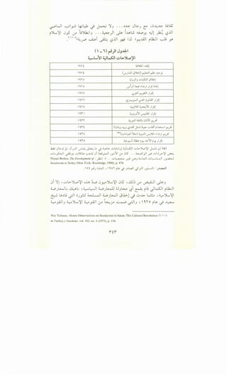 ~WI ~~~ ~l-:1 ~ ~ 'lJ ... ~~ J~J C:: •o..l;~ 4..9~
JL~I 0~ _r4 ~Jlk;IJ ... 0-)1 J>- ..uL.; ~Y. ~l ~ l:?jjl
.<" ·),,~~ ~i ~ l:?.UI ~ ljj ~~JAJI i.12.:JI ~ y.
('- i) ~)1 JJ41
L L.}~I 4.Jw:JI ~l>'j.,.p~I
- - .O.rt 4.>':>;ll .W1
O.rt ('-"')..Ill JW!) ~I~ ..l,>-y
'rO l_;l__,)l__, ...:.-L,S::ll JW1
O.ro l.l"'i)l ~ ,i.J,;) )} ~lA.;1
O.ro ?.y>.ll ~~I )}1
IO.n -,?_,.....:_,...ll <)..Ill 0yl4ll )}!
'rA ~').]1~~'11)}1
0.1 ~JJJII ~wl )}1
O.n ;_,rJI ...aiL 01~'11 _).-· . ~
0."t (..!~__, ~__, l:?..J.:ji j:..o) ~ '-:"'wi ii.G..:....I ~_).
0."t C•l(v,t_,JI"$) ~.J.ll ...,-!Y11 ,l..c;) ~_).
O.io ~.r.--i ah i Y- .A>-II i Y- )}!
.h..<.; J..>.~1? .ii_,..JI <..T"l:-L ~...c.) <...,o..>. ..:..bl.!J! ~WJI ..::..l>-')1...,~1 ~ r-1 (i:~)
..::.....~I ~y ..:;.,Jjs. ~j; .Ji w y...ll JY '11 ,y 0l5 . . . ~1_,.11 _d. ..:..l.lr.-~I ~
Niyazi Berkes, The Development of: _);.;I .11 • • • ..::..~ ~ ,J-">.J 4...WI ..:..L:-···.L~I J~
Secularism in Turkey (New York: Routledge, 1998), p. 474.
.  Vt ~ J •~WI , C. Ar is. c.) J~L.aJI -f_,:.]I J_,.:........l.ll :J~l
Nur Yalman, «Some Observations on Secularism in Islam: The Cultural Revolution (   •)
in Turkey,>> Daedalus, vol. 102, no. I (1973), p. 154.
 