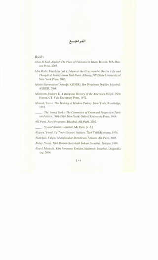Books
Abou El Fad!, Khaled. The Place ofTolerance in Islam. Boston, MA: Bea-
con Press, 2003.
Abu Rabi, Ibrahim (ed.). Islam at the Crossroads: On the Life and
Thought ofBediiizzaman Said Nursi. Albany, NY: State University of
New York Press, 2003.
Adaleti Savunanlar Dernegi (ASDER). Ben Disiplinsiz Degilim. Istanbul:
ASDER, 2004.
Ahlstrom, Sydney E. A Religious History ofthe American People. New
Haven, CT: Yale University Press, 1972.
Ahmad, Feroz. The Making ofModern Turkey. New York: Routledge,
1993.
__ . The Young Turks: The Committee ofUnion and Progress in Turk-
ish Politics, 1908-1914. New York: Oxford University Press, 1969.
AK Parti. Parti Programs. Istanbul: AK Parti, 2002.
__ . Siyasal Kimlik. Istanbul: AK Parti, [n. d.].
Ak<;ura, Yusuf. U,c Tarz-i Siyaset. Ankara: Turk Tarih Kurumu, 1976.
Akdogan, Yal<;in. Muhafazakar Demokrasi. Ankara: AK Parti, 2003.
Aktay, Yasin. Tiirk Dininin Sosyolojik lmkani. Istanbul: Ileti~im, 1999.
Akyol, Mustafa. Kiirt Sorununu Yeniden Dii}iinmek. Istanbul: Dogan Ki-
tap, 2006.
t • 0
 