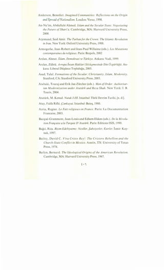 Anderson, Benedict. Imagined Communities: Reflections on the Origin
and Spread ofNationalism. London: Verso, 1998.
An-Na'im, Abdullahi Ahmed. Islam and the Secular State: Negotiating
the Future ofShari'a. Cambridge, MA: Harvard University Press,
2008.
Arjomand, Said Amir. The Turban for the Crown: The Islamic Revolution
in Iran. New York: Oxford University Press, 1988.
Armogathe, Jean-Robert and Jean-Paul Willaime (eds.). Les Mutations
contemporaines du religieux. Paris: Brepols, 2002
Arslan, Ahmet.lslam, Demokrasi ve Tiirkiye. Ankara: Vadi, 1999.
Arslan, Ziihtii. Avrupa lnsan Haklari Sozle;mesinde Din Ozgiirliigii. An-
kara: Liberal Dii§iince Toplulugu, 2005.
Asad, Talal. Formations ofthe Secular: Christianity, Islam, Modernity.
Stanford, CA: Stanford University Press, 2003.
Atabaki, Touraj and Erik Jan Zurcher (eds.). Men ofOrder: Authoritar-
ian Modernization under Atatiirk and Reza Shah. New York: I. B.
Tauris, 2004.
Atatiirk, M. Kemal. Nutuk I-III. Istanbul: Tiirk Devrim Tarihi, [n. d.].
Atay, Falih Rifki. }:ankayai. Istanbul: Bate§, 1980.
Azria, Regine. Le Fait religieux en France. Paris: La Documentation
Francaise, 2003.
Bacque-Grammont, Jean-Louis and Edhem Eldem (eds.). De Ia Revolu-
tion Fran,caise a Ia Turquie D'Atatiirk. Paris: Editions ISIS, 1990.
Bagci, Riza. Bizim Edebiyatmz: Nesiller, Sabsiyetler; Eserler. Izmir: Kay-
nak, 1997.
Bailey, David C. Viva Cristo Rey!: The Cristero Rebellion and the
Church-State Conflict in Mexico. Austin, TX: University of Texas
Press, 1974.
Bailyn, Bernard. The Ideological Origins ofthe American Revolution.
Cambridge, MA: Harvard University Press, 1967.
 