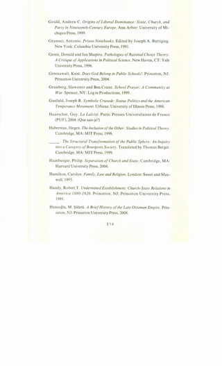 Gould, Andrew C. Origins ofLiberal Dominance: State, Church, and
Party in Nineteenth-Century Europe. Ann Arbor: University of Mi-
chigan Press, 1999.
Gramsci, Antonio. Prison Notebooks. Edited by Joseph A. Buttigieg.
New York: Columbia University Press, 1991.
Green, Donald and Ian Shapiro. Pathologies ofRational Choice Theory:
A Critique ofApplications in Political Science. New Haven, CT: Yale
University Press, 1996.
Greenawalt, Kent. Does God Belong in Public Schools?. Princeton, NJ:
Princeton University Press, 2004.
Grunberg, Slawomir and Ben Crane. School Prayer: A Community at
War. Spencer, NY: Log in Productions, 1999.
Gusfield, Joseph R. Symbolic Crusade: Status Politics and the American
Temperance Movement. Urbana: University ofIllinois Press, 1986.
Haarscher, Guy. La Lai'cite. Paris: Presses Universitaires de France
(PUF), 2004. (Que sais-je?)
Habermas, Jtirgen. The Inclusion ofthe Other: Studies in Political Theory.
Cambridge, MA: MIT Press, 1998.
__ . The Structural Transformation ofthe Public Sphere: An Inquiry
into a Category ofBourgeois Society. Translated by Thomas Berger.
Cambridge, MA: MIT Press, 1999.
Hamburger, Philip. Separation ofChurch and State. Cambridge, MA:
Harvard University Press, 2004.
Hamilton, Carolyn. Family, Law and Religion. London: Sweet and Max-
well, 1995.
Handy, Robert T. Undermined Establishment: Church-State Relations in
America 1880-1920. Princeton, NJ: Princeton University Press,
1991.
Hanioglu, M. ~tikrti. A BriefHistory ofthe Late Ottoman Empire. Prin-
ceton, NJ: Princeton University Press, 2008.
 