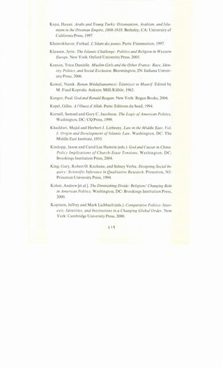 Kaya, Hasan. Arabs and Young Turks: Ottomanism, Arabism, and Isla-
mism in the Ottoman Empire, 1908-1918. Berkeley, CA: University of
California Press, 1997
Khosrokhavar, Farhad. L'Islam desjeunes. Paris: Flammarion, 1997.
Klausen, Jytte. The Islamic Challenge: Politics and Religion in Western
Europe. New York: Oxford University Press, 2005.
Keaton, Trica Danielle. Muslim Girls and the Other France: Race, Iden-
tity Politics, and Social Exclusion. Bloomington, IN: Indiana Univer-
sity Press, 2006.
Kemal, Namk. Renan Miidafaanamesi: lslamiyet ve Maarif. Edited by
M. Fuad Koprulu. Ankara: Milli Kiilti.ir, 1962.
Kengor, Paul. God and Ronald Reagan. New York: Regan Books, 2004.
Kepel, Gilles. A !'Ouest d'Allah. Paris: Editions du Seuil, 1994.
Kernell, Samuel and Gary C. Jacobson. The Logic ofAmerican Politics.
Washington, DC: CQ Press, 1999.
Khadduri, Majid and Herbert J. Liebesny. Law in the Middle East, Vol.
I: Origin and Development ofIslamic Law. Washington, DC: The
Middle East Institute, 1955.
Kindopp, Jason and Carol Lee Hamrin (eds.). God and Caesar in China:
Policy Implications of Church-State Tensions. Washington, DC:
Brookings Institution Press, 2004.
King, Gary, Robert 0. Keohane, and Sidney Verba. Designing Social In-
quiry: Scientific Inference in Qualitative Research. Princeton, NJ:
Princeton University Press, 1994.
Kohut, Andrew [et al.]. The Diminishing Divide: Religions' Changing Role
in American Politics. Washington, DC: Brookings Institution Press,
2000.
Kopstein, Jeffrey and Mark Lichbach (eds.). Comparative Politics: Inter-
ests, Identities, and Institutions in a Changing Global Order. New
York: Cambridge University Press, 2000.
 