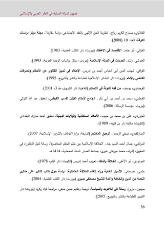 ‫اإلسالمي‬‫و‬ ‫بي‬‫ر‬‫الغ‬ ‫الفكر‬ ‫في‬ ‫المدنية‬ ‫الدولة‬ ‫مفهوم‬
30
‫الفتالوي‬،‫صب‬‫ياح‬‫ر‬ ‫يم‬‫ر‬‫الك‬ ‫اح‬.،"‫نة‬‫ر‬‫مقا‬ ‫اسة‬‫ر‬‫د‬ ‫االجتماعي‬ ‫العقد‬‫و‬ ‫اإللهي‬ ‫الحق‬ ‫يتا‬‫ر‬‫"نظ‬‫اسا‬‫ر‬‫د‬ ‫مركز‬ ‫مجلة‬‫ت‬
‫الكوفة‬،‫العدد‬10(9009.)
‫ا‬‫الي‬‫ز‬‫لغ‬،‫حامد‬ ‫أبو‬.‫العتقاد‬ ‫في‬ ‫القتصاد‬:‫(بيروت‬،‫العلمية‬ ‫الكتب‬ ‫دار‬1293.)
‫الغنوشي‬،‫اشد‬‫ر‬.‫اإلسالمية‬ ‫الدولة‬ ‫في‬ ‫الحريات‬،‫بية‬‫ر‬‫الع‬ ‫الوحدة‬ ‫اسات‬‫ر‬‫د‬ ‫مركز‬ :‫(بيروت‬1223.)
‫يس‬‫ر‬‫إد‬ ‫بن‬ ‫أحمد‬ ‫العباس‬ ‫أبي‬ ‫الدين‬ ‫شهاب‬ ،‫افي‬‫ر‬‫الق‬.‫اإلحكام‬‫وتصرفات‬ ‫األحكام‬ ‫عن‬ ‫الفتاوى‬ ‫تمييز‬ ‫في‬
‫اإلمام‬‫و‬ ‫القاضي‬:‫(بيروت‬‫اإلسالمية‬ ‫البشائر‬ ‫دار‬،‫يع‬‫ز‬‫التو‬‫و‬ ‫النشر‬‫و‬ ‫للطباعة‬1221.)
‫القرضاوي‬،‫يوسف‬.‫اإلسالم‬ ‫في‬ ‫الدولة‬ ‫فقه‬ ‫من‬،‫الشروق‬ ‫دار‬ :‫ة‬‫ر‬‫(القاه‬‫ط‬3،9001.)
‫القرطبي‬،‫محمد‬‫بن‬‫أحمد‬‫بكر‬ ‫أبي‬ ‫بن‬.‫تفسير‬ ‫آن‬‫ر‬‫الق‬ ‫ألحكام‬ ‫الجامع‬‫القرطبي‬‫التركي‬ ‫اهلل‬ ‫عبد‬ ‫تحقيق‬ ،
،‫الرسالة‬ ‫مؤسسة‬ :‫(بيروت‬9000.)
‫الماوردي‬،‫حبيب‬ ‫بن‬ ‫محمد‬ ‫بن‬ ‫علي‬.‫السلطانية‬ ‫األحكام‬‫الدينية‬ ‫الوليات‬‫و‬،‫البغدادي‬ ‫مبارك‬ ‫أحمد‬ ‫تحقيق‬
،‫قتيبة‬ ‫بن‬ ‫دار‬ ‫مكتبة‬ :‫(الكويت‬1292.)
‫ي‬‫المباركفور‬،‫الرحمن‬ ‫صفي‬.‫المختوم‬ ‫الرحيق‬:‫(الدوحة‬‫اإلسالمية‬ ‫الشؤون‬‫و‬ ‫األوقاف‬ ‫ة‬‫ر‬‫ا‬‫ز‬‫و‬،9002.)
‫اكبي‬‫ر‬‫الم‬،‫جاد‬ ‫السيد‬ ‫أحمد‬ ‫جمال‬.‫في‬ ‫اه‬‫ر‬‫الدكتو‬ ‫لنيل‬ ‫رسالة‬ ،"‫ة‬‫ر‬‫المعاص‬ ‫الحكم‬ ‫نظم‬ ‫بين‬ ‫اإلسالمية‬ ‫"الخالفة‬
،‫المحمدية‬ ‫السنة‬ ‫أنصار‬ ‫جماعة‬ ،‫ي‬‫خير‬ ‫غني‬‫مير‬ ‫محمد‬ ‫اف‬‫ر‬‫إش‬ ،‫الحقوق‬1111.‫ـ‬‫ه‬
‫المودودي‬،‫األعلى‬ ‫أبو‬.‫الملك‬‫و‬ ‫الخالفة‬،‫القلم‬ ‫دار‬ :‫(الكويت‬ ‫يس‬‫ر‬‫إد‬ ‫أحمد‬ ‫يب‬‫ر‬‫تع‬ ،1229.)
‫حلمي‬،‫مصطفى‬.‫العثماني‬ ‫الخالفة‬ ‫إلغاء‬ ‫اء‬‫ر‬‫و‬ ‫الخفية‬ ‫ار‬‫ر‬‫األس‬‫ة‬‫ي‬‫منكر‬ ‫على‬ ‫النكير‬ ‫كتاب‬ ‫حول‬ ‫اسة‬‫ر‬‫د‬ :
‫األمة‬‫و‬ ‫الخالفة‬‫و‬ ‫الدين‬ ‫من‬ ‫النعمة‬‫ي‬‫صبر‬ ‫مصطفى‬ ‫للشيخ‬:‫(بيروت‬،‫العلمية‬ ‫الكتب‬ ‫دار‬9001.)
‫ا‬‫ز‬‫سبينو‬،‫خ‬‫بارو‬.‫ال‬‫و‬ ‫الالهوت‬ ‫في‬ ‫رسالة‬‫سياسة‬‫دار‬ :‫(بيروت‬ ‫يا‬‫ر‬‫زك‬ ‫اد‬‫ؤ‬‫ف‬ ‫اجعة‬‫ر‬‫م‬ ،‫حنفي‬ ‫حسن‬ ‫وتقديم‬ ‫ترجمة‬ ،
،‫يع‬‫ز‬‫التو‬‫و‬ ‫النشر‬‫و‬ ‫للطباعة‬ ‫التنوير‬9001.)
 
