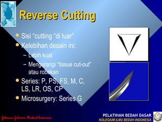 PELATIHAN BEDAH DASAR
KOLEGIUM ILMU BEDAH INDONESIAKOLEGIUM ILMU BEDAH INDONESIA
Reverse CuttingReverse Cutting
Sisi “cutting “di luar”
Kelebihan desain ini:
– Lebih kuat
– Mengurangi “tissue cut-out”
atau robekan
Series: P, PS, FS, M, C,
LS, LR, OS, CP
Microsurgery: Series G
 