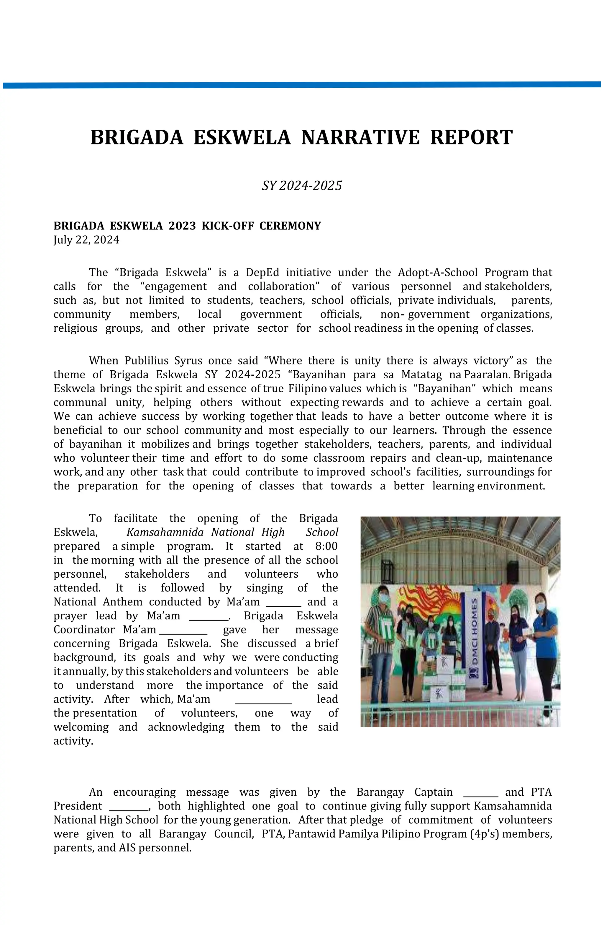 Brigada eskwela 2024 sample template narrative report docx