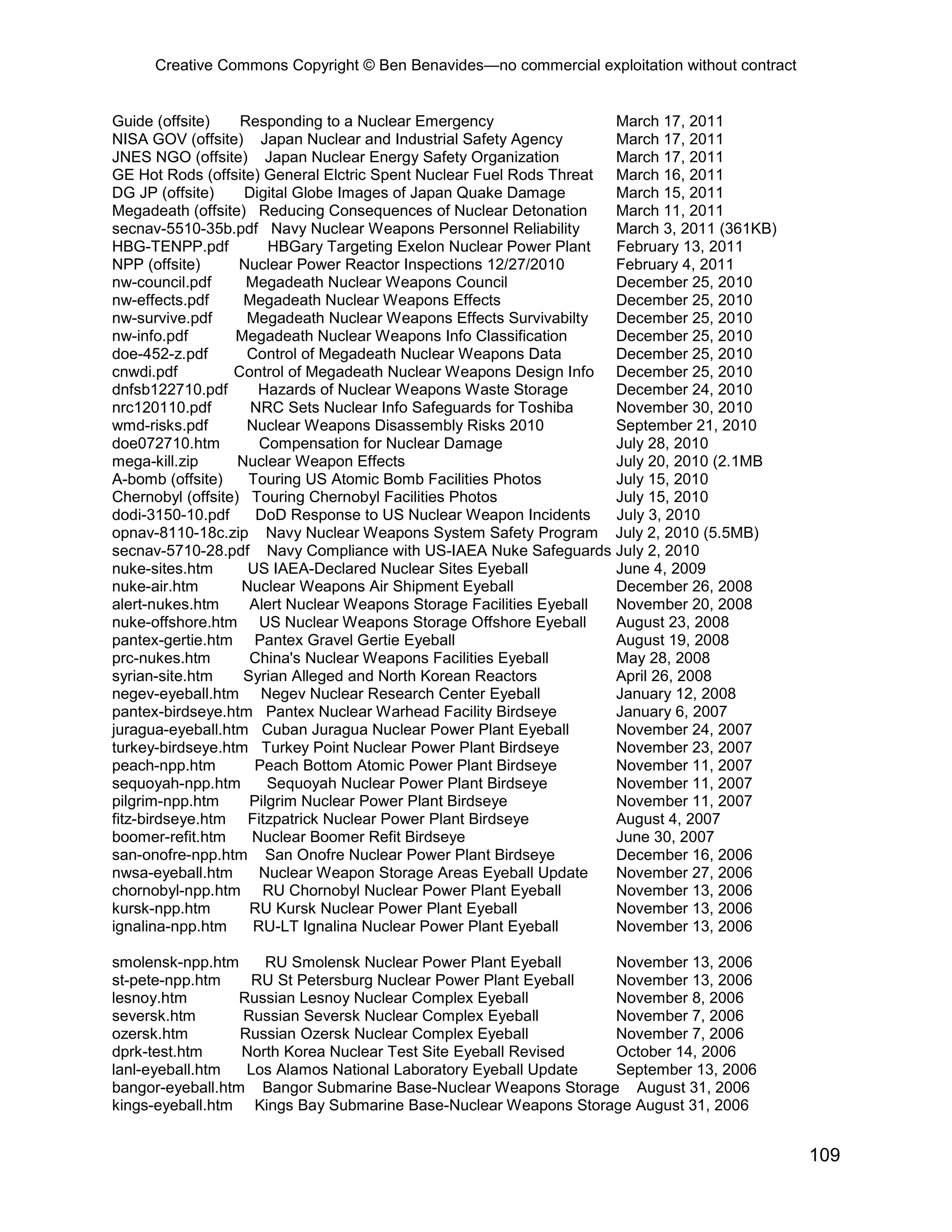 Creative Commons Copyright © Ben Benavides—no commercial exploitation without contract
109
Guide (offsite) Responding to a Nuclear Emergency March 17, 2011
NISA GOV (offsite) Japan Nuclear and Industrial Safety Agency March 17, 2011
JNES NGO (offsite) Japan Nuclear Energy Safety Organization March 17, 2011
GE Hot Rods (offsite) General Elctric Spent Nuclear Fuel Rods Threat March 16, 2011
DG JP (offsite) Digital Globe Images of Japan Quake Damage March 15, 2011
Megadeath (offsite) Reducing Consequences of Nuclear Detonation March 11, 2011
secnav-5510-35b.pdf Navy Nuclear Weapons Personnel Reliability March 3, 2011 (361KB)
HBG-TENPP.pdf HBGary Targeting Exelon Nuclear Power Plant February 13, 2011
NPP (offsite) Nuclear Power Reactor Inspections 12/27/2010 February 4, 2011
nw-council.pdf Megadeath Nuclear Weapons Council December 25, 2010
nw-effects.pdf Megadeath Nuclear Weapons Effects December 25, 2010
nw-survive.pdf Megadeath Nuclear Weapons Effects Survivabilty December 25, 2010
nw-info.pdf Megadeath Nuclear Weapons Info Classification December 25, 2010
doe-452-z.pdf Control of Megadeath Nuclear Weapons Data December 25, 2010
cnwdi.pdf Control of Megadeath Nuclear Weapons Design Info December 25, 2010
dnfsb122710.pdf Hazards of Nuclear Weapons Waste Storage December 24, 2010
nrc120110.pdf NRC Sets Nuclear Info Safeguards for Toshiba November 30, 2010
wmd-risks.pdf Nuclear Weapons Disassembly Risks 2010 September 21, 2010
doe072710.htm Compensation for Nuclear Damage July 28, 2010
mega-kill.zip Nuclear Weapon Effects July 20, 2010 (2.1MB
A-bomb (offsite) Touring US Atomic Bomb Facilities Photos July 15, 2010
Chernobyl (offsite) Touring Chernobyl Facilities Photos July 15, 2010
dodi-3150-10.pdf DoD Response to US Nuclear Weapon Incidents July 3, 2010
opnav-8110-18c.zip Navy Nuclear Weapons System Safety Program July 2, 2010 (5.5MB)
secnav-5710-28.pdf Navy Compliance with US-IAEA Nuke Safeguards July 2, 2010
nuke-sites.htm US IAEA-Declared Nuclear Sites Eyeball June 4, 2009
nuke-air.htm Nuclear Weapons Air Shipment Eyeball December 26, 2008
alert-nukes.htm Alert Nuclear Weapons Storage Facilities Eyeball November 20, 2008
nuke-offshore.htm US Nuclear Weapons Storage Offshore Eyeball August 23, 2008
pantex-gertie.htm Pantex Gravel Gertie Eyeball August 19, 2008
prc-nukes.htm China's Nuclear Weapons Facilities Eyeball May 28, 2008
syrian-site.htm Syrian Alleged and North Korean Reactors April 26, 2008
negev-eyeball.htm Negev Nuclear Research Center Eyeball January 12, 2008
pantex-birdseye.htm Pantex Nuclear Warhead Facility Birdseye January 6, 2007
juragua-eyeball.htm Cuban Juragua Nuclear Power Plant Eyeball November 24, 2007
turkey-birdseye.htm Turkey Point Nuclear Power Plant Birdseye November 23, 2007
peach-npp.htm Peach Bottom Atomic Power Plant Birdseye November 11, 2007
sequoyah-npp.htm Sequoyah Nuclear Power Plant Birdseye November 11, 2007
pilgrim-npp.htm Pilgrim Nuclear Power Plant Birdseye November 11, 2007
fitz-birdseye.htm Fitzpatrick Nuclear Power Plant Birdseye August 4, 2007
boomer-refit.htm Nuclear Boomer Refit Birdseye June 30, 2007
san-onofre-npp.htm San Onofre Nuclear Power Plant Birdseye December 16, 2006
nwsa-eyeball.htm Nuclear Weapon Storage Areas Eyeball Update November 27, 2006
chornobyl-npp.htm RU Chornobyl Nuclear Power Plant Eyeball November 13, 2006
kursk-npp.htm RU Kursk Nuclear Power Plant Eyeball November 13, 2006
ignalina-npp.htm RU-LT Ignalina Nuclear Power Plant Eyeball November 13, 2006
smolensk-npp.htm RU Smolensk Nuclear Power Plant Eyeball November 13, 2006
st-pete-npp.htm RU St Petersburg Nuclear Power Plant Eyeball November 13, 2006
lesnoy.htm Russian Lesnoy Nuclear Complex Eyeball November 8, 2006
seversk.htm Russian Seversk Nuclear Complex Eyeball November 7, 2006
ozersk.htm Russian Ozersk Nuclear Complex Eyeball November 7, 2006
dprk-test.htm North Korea Nuclear Test Site Eyeball Revised October 14, 2006
lanl-eyeball.htm Los Alamos National Laboratory Eyeball Update September 13, 2006
bangor-eyeball.htm Bangor Submarine Base-Nuclear Weapons Storage August 31, 2006
kings-eyeball.htm Kings Bay Submarine Base-Nuclear Weapons Storage August 31, 2006
 