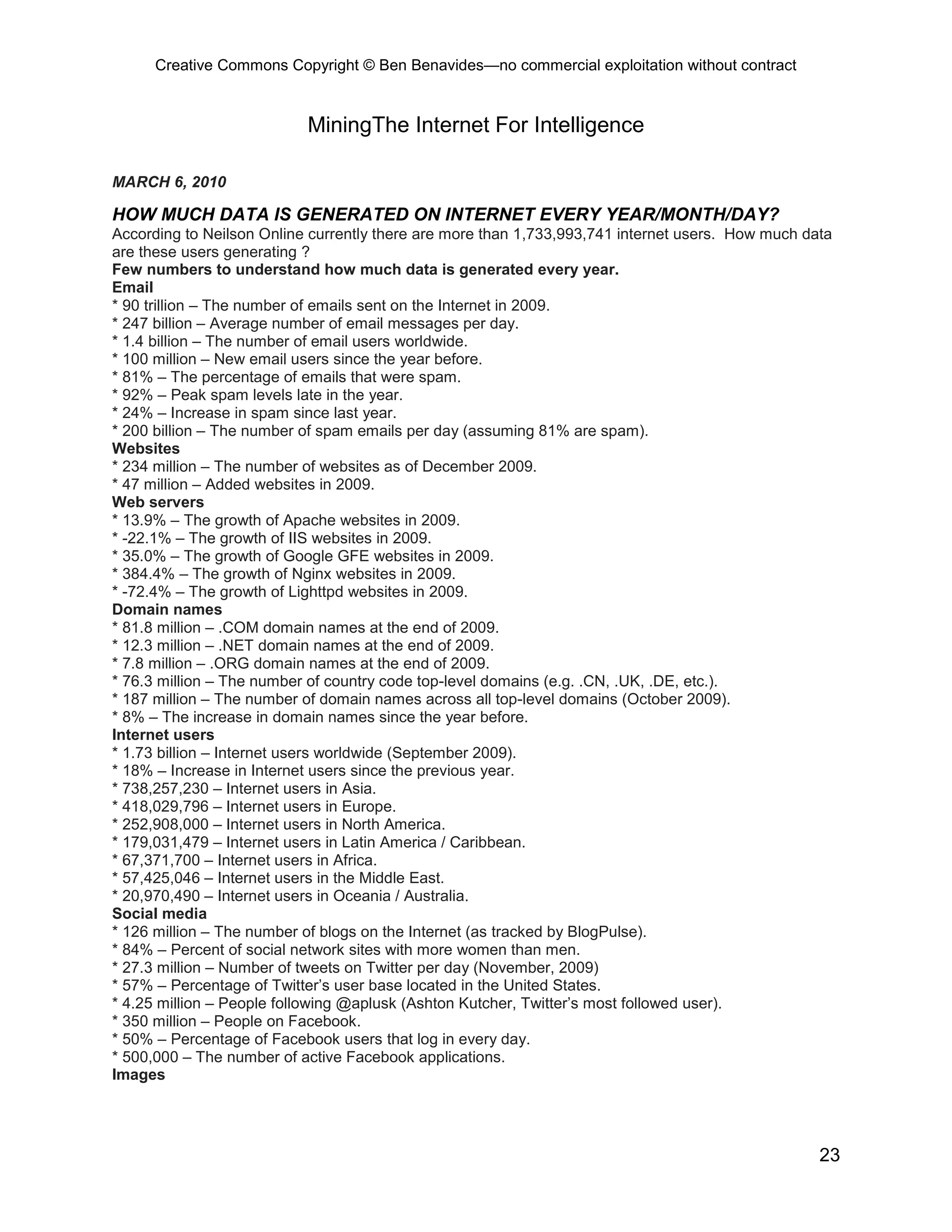 Creative Commons Copyright © Ben Benavides—no commercial exploitation without contract
23
MiningThe Internet For Intelligence
MARCH 6, 2010
HOW MUCH DATA IS GENERATED ON INTERNET EVERY YEAR/MONTH/DAY?
According to Neilson Online currently there are more than 1,733,993,741 internet users. How much data
are these users generating ?
Few numbers to understand how much data is generated every year.
Email
* 90 trillion – The number of emails sent on the Internet in 2009.
* 247 billion – Average number of email messages per day.
* 1.4 billion – The number of email users worldwide.
* 100 million – New email users since the year before.
* 81% – The percentage of emails that were spam.
* 92% – Peak spam levels late in the year.
* 24% – Increase in spam since last year.
* 200 billion – The number of spam emails per day (assuming 81% are spam).
Websites
* 234 million – The number of websites as of December 2009.
* 47 million – Added websites in 2009.
Web servers
* 13.9% – The growth of Apache websites in 2009.
* -22.1% – The growth of IIS websites in 2009.
* 35.0% – The growth of Google GFE websites in 2009.
* 384.4% – The growth of Nginx websites in 2009.
* -72.4% – The growth of Lighttpd websites in 2009.
Domain names
* 81.8 million – .COM domain names at the end of 2009.
* 12.3 million – .NET domain names at the end of 2009.
* 7.8 million – .ORG domain names at the end of 2009.
* 76.3 million – The number of country code top-level domains (e.g. .CN, .UK, .DE, etc.).
* 187 million – The number of domain names across all top-level domains (October 2009).
* 8% – The increase in domain names since the year before.
Internet users
* 1.73 billion – Internet users worldwide (September 2009).
* 18% – Increase in Internet users since the previous year.
* 738,257,230 – Internet users in Asia.
* 418,029,796 – Internet users in Europe.
* 252,908,000 – Internet users in North America.
* 179,031,479 – Internet users in Latin America / Caribbean.
* 67,371,700 – Internet users in Africa.
* 57,425,046 – Internet users in the Middle East.
* 20,970,490 – Internet users in Oceania / Australia.
Social media
* 126 million – The number of blogs on the Internet (as tracked by BlogPulse).
* 84% – Percent of social network sites with more women than men.
* 27.3 million – Number of tweets on Twitter per day (November, 2009)
* 57% – Percentage of Twitter’s user base located in the United States.
* 4.25 million – People following @aplusk (Ashton Kutcher, Twitter’s most followed user).
* 350 million – People on Facebook.
* 50% – Percentage of Facebook users that log in every day.
* 500,000 – The number of active Facebook applications.
Images
 