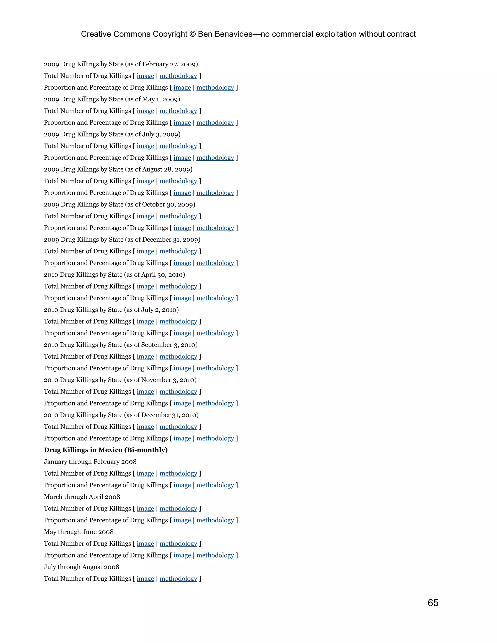 Creative Commons Copyright © Ben Benavides—no commercial exploitation without contract
65
2009 Drug Killings by State (as of February 27, 2009)
Total Number of Drug Killings [ image | methodology ]
Proportion and Percentage of Drug Killings [ image | methodology ]
2009 Drug Killings by State (as of May 1, 2009)
Total Number of Drug Killings [ image | methodology ]
Proportion and Percentage of Drug Killings [ image | methodology ]
2009 Drug Killings by State (as of July 3, 2009)
Total Number of Drug Killings [ image | methodology ]
Proportion and Percentage of Drug Killings [ image | methodology ]
2009 Drug Killings by State (as of August 28, 2009)
Total Number of Drug Killings [ image | methodology ]
Proportion and Percentage of Drug Killings [ image | methodology ]
2009 Drug Killings by State (as of October 30, 2009)
Total Number of Drug Killings [ image | methodology ]
Proportion and Percentage of Drug Killings [ image | methodology ]
2009 Drug Killings by State (as of December 31, 2009)
Total Number of Drug Killings [ image | methodology ]
Proportion and Percentage of Drug Killings [ image | methodology ]
2010 Drug Killings by State (as of April 30, 2010)
Total Number of Drug Killings [ image | methodology ]
Proportion and Percentage of Drug Killings [ image | methodology ]
2010 Drug Killings by State (as of July 2, 2010)
Total Number of Drug Killings [ image | methodology ]
Proportion and Percentage of Drug Killings [ image | methodology ]
2010 Drug Killings by State (as of September 3, 2010)
Total Number of Drug Killings [ image | methodology ]
Proportion and Percentage of Drug Killings [ image | methodology ]
2010 Drug Killings by State (as of November 3, 2010)
Total Number of Drug Killings [ image | methodology ]
Proportion and Percentage of Drug Killings [ image | methodology ]
2010 Drug Killings by State (as of December 31, 2010)
Total Number of Drug Killings [ image | methodology ]
Proportion and Percentage of Drug Killings [ image | methodology ]
Drug Killings in Mexico (Bi-monthly)
January through February 2008
Total Number of Drug Killings [ image | methodology ]
Proportion and Percentage of Drug Killings [ image | methodology ]
March through April 2008
Total Number of Drug Killings [ image | methodology ]
Proportion and Percentage of Drug Killings [ image | methodology ]
May through June 2008
Total Number of Drug Killings [ image | methodology ]
Proportion and Percentage of Drug Killings [ image | methodology ]
July through August 2008
Total Number of Drug Killings [ image | methodology ]
 