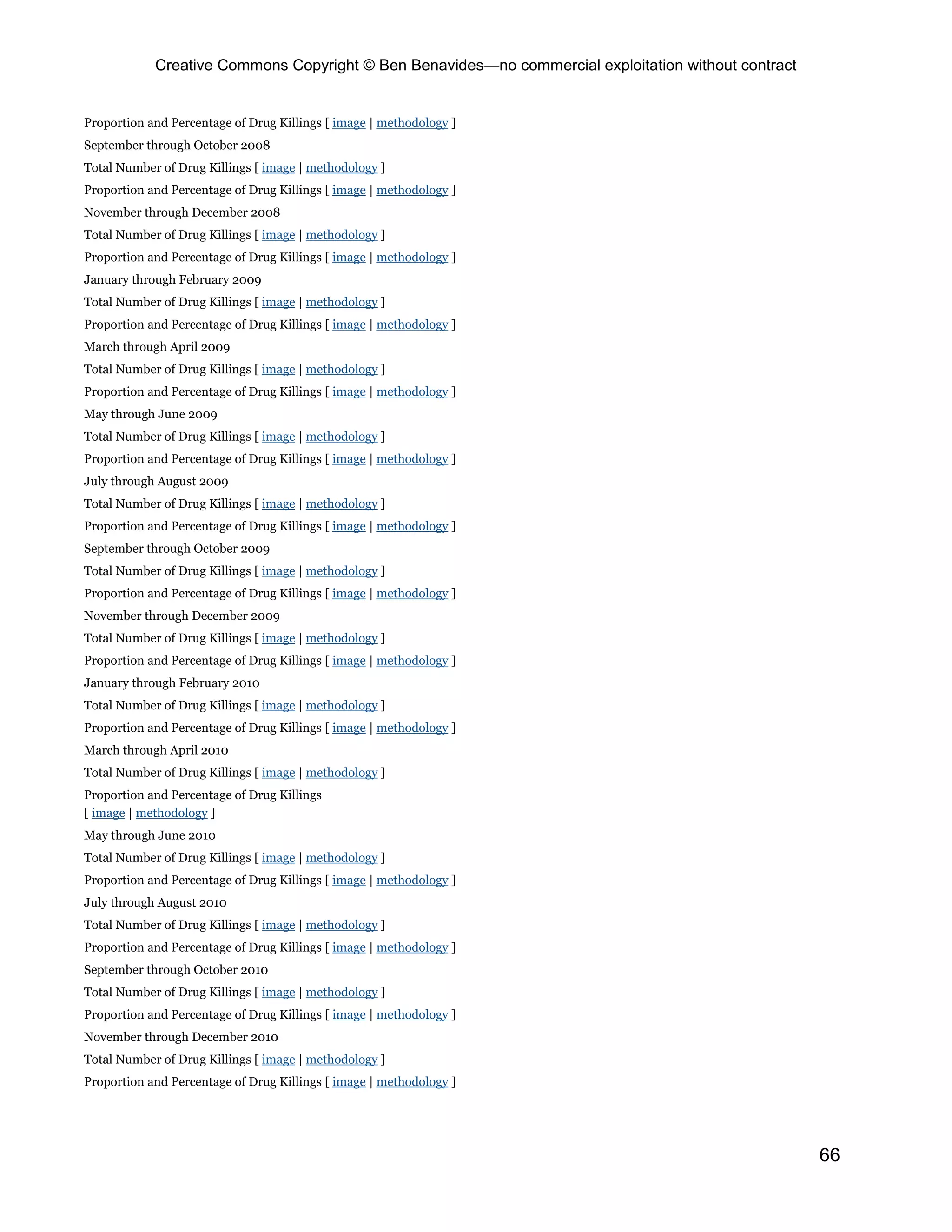 Creative Commons Copyright © Ben Benavides—no commercial exploitation without contract
66
Proportion and Percentage of Drug Killings [ image | methodology ]
September through October 2008
Total Number of Drug Killings [ image | methodology ]
Proportion and Percentage of Drug Killings [ image | methodology ]
November through December 2008
Total Number of Drug Killings [ image | methodology ]
Proportion and Percentage of Drug Killings [ image | methodology ]
January through February 2009
Total Number of Drug Killings [ image | methodology ]
Proportion and Percentage of Drug Killings [ image | methodology ]
March through April 2009
Total Number of Drug Killings [ image | methodology ]
Proportion and Percentage of Drug Killings [ image | methodology ]
May through June 2009
Total Number of Drug Killings [ image | methodology ]
Proportion and Percentage of Drug Killings [ image | methodology ]
July through August 2009
Total Number of Drug Killings [ image | methodology ]
Proportion and Percentage of Drug Killings [ image | methodology ]
September through October 2009
Total Number of Drug Killings [ image | methodology ]
Proportion and Percentage of Drug Killings [ image | methodology ]
November through December 2009
Total Number of Drug Killings [ image | methodology ]
Proportion and Percentage of Drug Killings [ image | methodology ]
January through February 2010
Total Number of Drug Killings [ image | methodology ]
Proportion and Percentage of Drug Killings [ image | methodology ]
March through April 2010
Total Number of Drug Killings [ image | methodology ]
Proportion and Percentage of Drug Killings
[ image | methodology ]
May through June 2010
Total Number of Drug Killings [ image | methodology ]
Proportion and Percentage of Drug Killings [ image | methodology ]
July through August 2010
Total Number of Drug Killings [ image | methodology ]
Proportion and Percentage of Drug Killings [ image | methodology ]
September through October 2010
Total Number of Drug Killings [ image | methodology ]
Proportion and Percentage of Drug Killings [ image | methodology ]
November through December 2010
Total Number of Drug Killings [ image | methodology ]
Proportion and Percentage of Drug Killings [ image | methodology ]
 