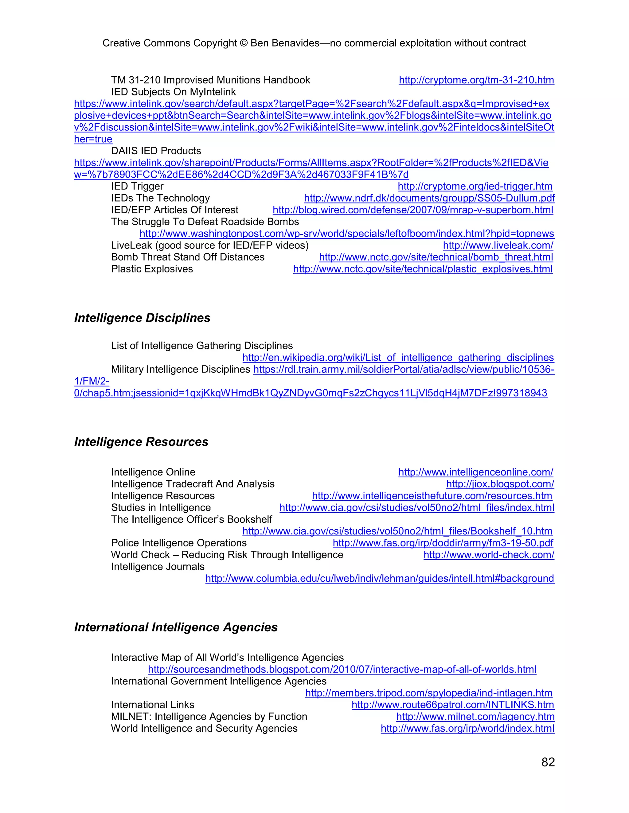 Creative Commons Copyright © Ben Benavides—no commercial exploitation without contract
82
TM 31-210 Improvised Munitions Handbook http://cryptome.org/tm-31-210.htm
IED Subjects On MyIntelink
https://www.intelink.gov/search/default.aspx?targetPage=%2Fsearch%2Fdefault.aspx&q=Improvised+ex
plosive+devices+ppt&btnSearch=Search&intelSite=www.intelink.gov%2Fblogs&intelSite=www.intelink.go
v%2Fdiscussion&intelSite=www.intelink.gov%2Fwiki&intelSite=www.intelink.gov%2Finteldocs&intelSiteOt
her=true
DAIIS IED Products
https://www.intelink.gov/sharepoint/Products/Forms/AllItems.aspx?RootFolder=%2fProducts%2fIED&Vie
w=%7b78903FCC%2dEE86%2d4CCD%2d9F3A%2d467033F9F41B%7d
IED Trigger http://cryptome.org/ied-trigger.htm
IEDs The Technology http://www.ndrf.dk/documents/groupp/SS05-Dullum.pdf
IED/EFP Articles Of Interest http://blog.wired.com/defense/2007/09/mrap-v-superbom.html
The Struggle To Defeat Roadside Bombs
http://www.washingtonpost.com/wp-srv/world/specials/leftofboom/index.html?hpid=topnews
LiveLeak (good source for IED/EFP videos) http://www.liveleak.com/
Bomb Threat Stand Off Distances http://www.nctc.gov/site/technical/bomb_threat.html
Plastic Explosives http://www.nctc.gov/site/technical/plastic_explosives.html
Intelligence Disciplines
List of Intelligence Gathering Disciplines
http://en.wikipedia.org/wiki/List_of_intelligence_gathering_disciplines
Military Intelligence Disciplines https://rdl.train.army.mil/soldierPortal/atia/adlsc/view/public/10536-
1/FM/2-
0/chap5.htm;jsessionid=1qxjKkqWHmdBk1QyZNDyvG0mqFs2zChgycs11LjVl5dqH4jM7DFz!997318943
Intelligence Resources
Intelligence Online http://www.intelligenceonline.com/
Intelligence Tradecraft And Analysis http://jiox.blogspot.com/
Intelligence Resources http://www.intelligenceisthefuture.com/resources.htm
Studies in Intelligence http://www.cia.gov/csi/studies/vol50no2/html_files/index.html
The Intelligence Officer’s Bookshelf
http://www.cia.gov/csi/studies/vol50no2/html_files/Bookshelf_10.htm
Police Intelligence Operations http://www.fas.org/irp/doddir/army/fm3-19-50.pdf
World Check – Reducing Risk Through Intelligence http://www.world-check.com/
Intelligence Journals
http://www.columbia.edu/cu/lweb/indiv/lehman/guides/intell.html#background
International Intelligence Agencies
Interactive Map of All World’s Intelligence Agencies
http://sourcesandmethods.blogspot.com/2010/07/interactive-map-of-all-of-worlds.html
International Government Intelligence Agencies
http://members.tripod.com/spylopedia/ind-intlagen.htm
International Links http://www.route66patrol.com/INTLINKS.htm
MILNET: Intelligence Agencies by Function http://www.milnet.com/iagency.htm
World Intelligence and Security Agencies http://www.fas.org/irp/world/index.html
 
