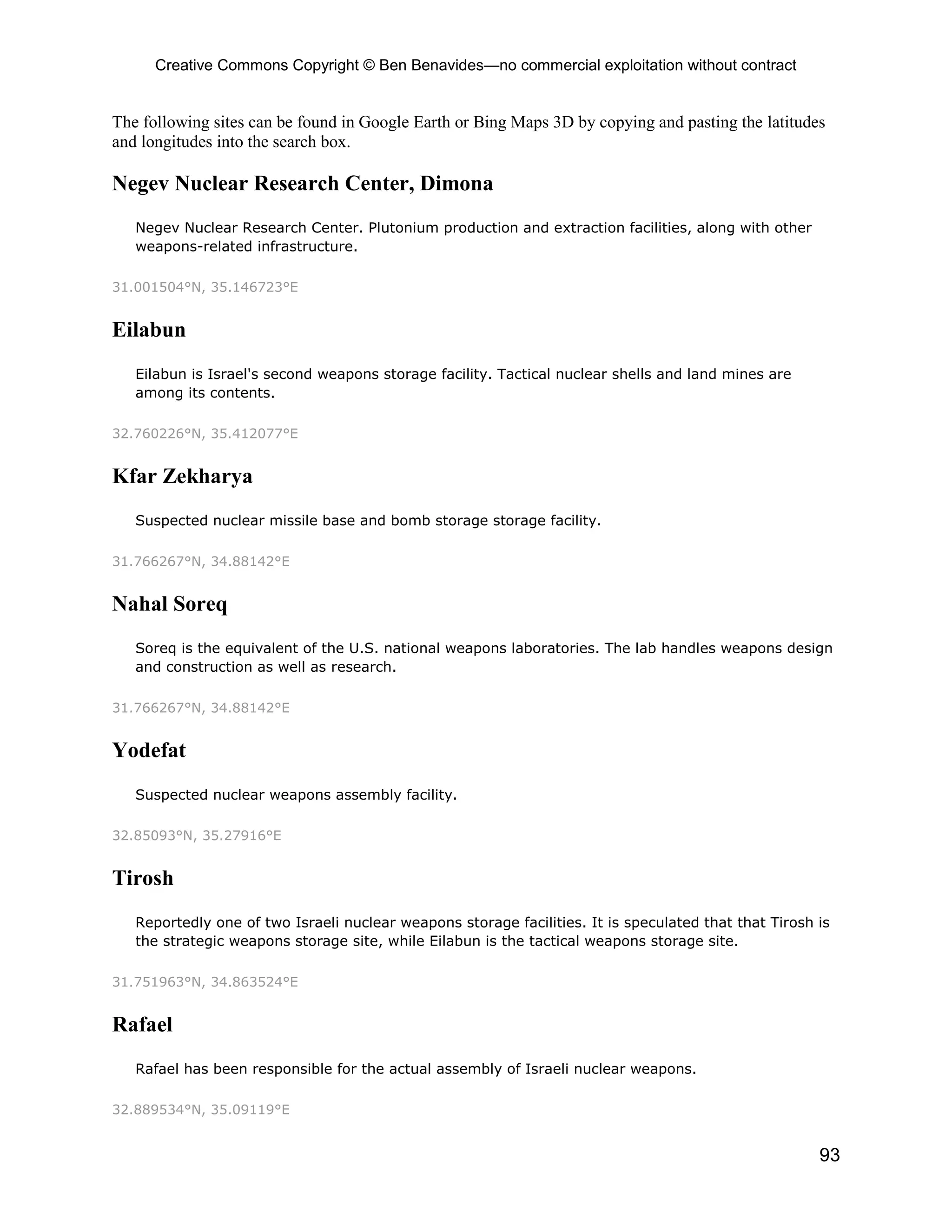 Creative Commons Copyright © Ben Benavides—no commercial exploitation without contract
93
The following sites can be found in Google Earth or Bing Maps 3D by copying and pasting the latitudes
and longitudes into the search box.
Negev Nuclear Research Center, Dimona
Negev Nuclear Research Center. Plutonium production and extraction facilities, along with other
weapons-related infrastructure.
31.001504°N, 35.146723°E
Eilabun
Eilabun is Israel's second weapons storage facility. Tactical nuclear shells and land mines are
among its contents.
32.760226°N, 35.412077°E
Kfar Zekharya
Suspected nuclear missile base and bomb storage storage facility.
31.766267°N, 34.88142°E
Nahal Soreq
Soreq is the equivalent of the U.S. national weapons laboratories. The lab handles weapons design
and construction as well as research.
31.766267°N, 34.88142°E
Yodefat
Suspected nuclear weapons assembly facility.
32.85093°N, 35.27916°E
Tirosh
Reportedly one of two Israeli nuclear weapons storage facilities. It is speculated that that Tirosh is
the strategic weapons storage site, while Eilabun is the tactical weapons storage site.
31.751963°N, 34.863524°E
Rafael
Rafael has been responsible for the actual assembly of Israeli nuclear weapons.
32.889534°N, 35.09119°E
 