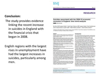 Conclusion:
The study provides evidence
linking the recent increase
in suicides in England with
the financial crisis that
began in 2008.
English regions with the largest
rises in unemployment have
had the largest increases in
suicides, particularly among
men.
 