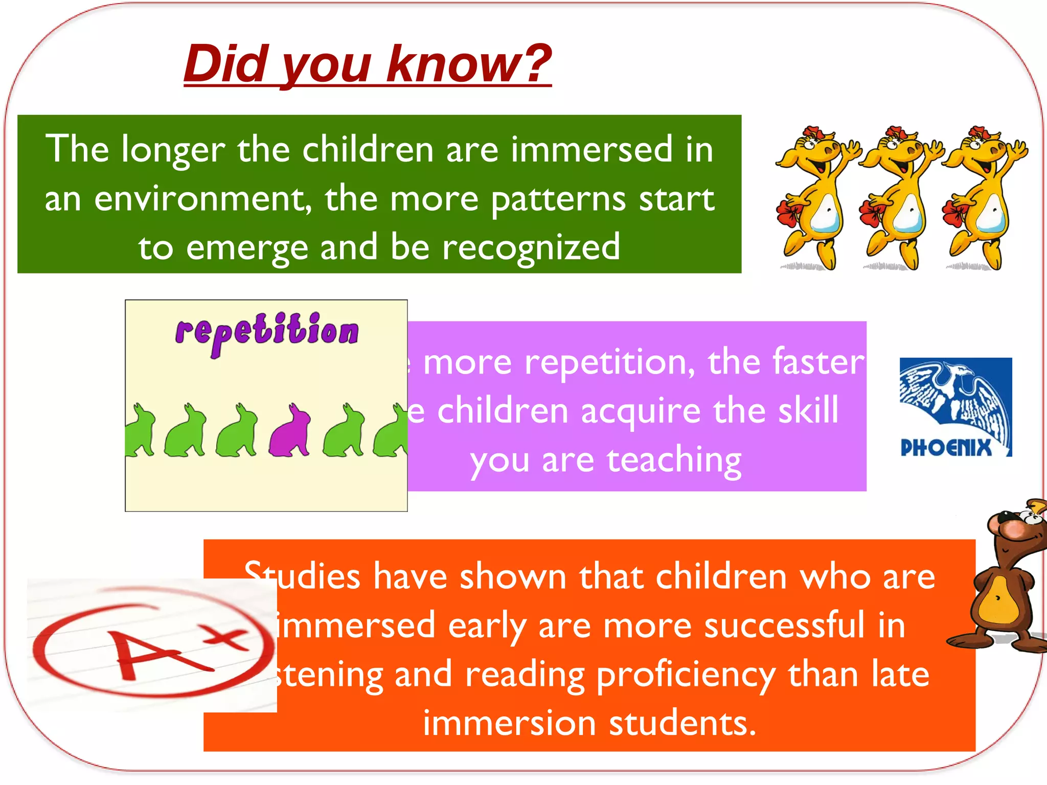 Did you know?
The longer the children are immersed in
an environment, the more patterns start
     to emerge and be recognized

                 The more repetition, the faster
                  the children acquire the skill
                        you are teaching

           Studies have shown that children who are
             immersed early are more successful in
           listening and reading proficiency than late
                       immersion students.
 