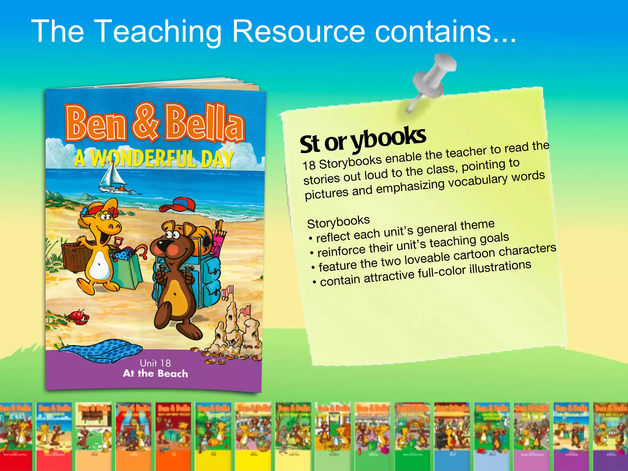 The Teaching Resource contains...


                  St or yoksooksthe teacher to read the
                         b
                             enable
                  18 Storybo                     pointing to
                                ud to the class,              s
                  stories out lo                  abulary word
                                 em phasizing voc
                  pictures and

                  Storybooks                general them
                                                             e
                  • refle ct each unit’s                       ls
                                              teaching goa
                  • reinfo  rce their unit’s             oon characte
                                                                      rs
                                     o  loveable cart
                   • feature the tw                         strations
                                      tiv e full-color illu
                   • contain attrac
 