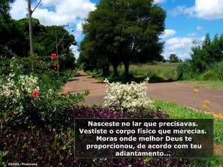 Nasceste no lar que precisavas.  Vestiste o corpo físico que merecias.  Moras onde melhor Deus te proporcionou, de acordo com teu adiantamento...  ESALQ - Piracicaba 