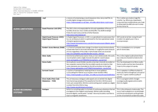 Salford City College
Eccles Sixth Form Centre
BTEC Extended Diploma in GAMES DESIGN
Unit 73: Sound For Computer Games
IG2 Task 1
2
.mp3 a means ofcompressing a soundsequence intoa verysmall file, to
enable digital storage andtransmission.
https://www.google.co.uk/?gws_rd=ssl#q=what+does+.mp3+mean
This is when youmake a large file
smaller. E.g. Whenyou downloada
song onto your mobile phone, you have
to download the MP3 versioninorder
for the file to fit.
AUDIO LIMITATIONS Sound Processor Unit (SPU) The SPU is the unit responsible for allaural capabilities ofthe psx. It
handles 24 voices, hasa 512kb soundbuffer, has ADSR envelope
filters for each voice andlots ofother features.
http://psx.rules.org/spu.txt
Digital Sound Processor (DSP)/
Digital Signal Processor
A Digital Signal Processor, or DSP, is a specializedmicroprocessor that
has an architecture which is optimizedfor the fast operational needs
of digital signalprocessing.
http://www.futureelectronics.com/en/microprocessors/digital-signal-
processors.aspx
DSPneeds to be fast. Using thiswill
enable it to speed upas it has a
microprocessor.
Random Access Memory (RAM) is a formof computer data storage. A random-accessmemorydevice
allows data items to be readandwritten in roughlythe same amount
of time regardless of the order inwhichdata items are accessed
http://en.wikipedia.org/wiki/Random-access_memory
This is somewhere ona computer
which stores data.
Mono Audio Commonlycalledmonosound, mono, or non-stereosound, this early
soundsystem useda single channel ofaudiofor soundoutput.
www.webopedia.com/TERM/M/monophonic_sound.html
This is the original audiowhere there
was onlyone channel to listento the
sound.
Stereo Audio Stereophonic sound divides sounds acrosstwo channels (recorded on
two separate sources) thenthe recordedsounds are mixedso that
some elements are channeled to the left andothers to the right.
http://www.webopedia.com/TERM/S/stereophonic_sound.html
This has developedsince Mono audio.
Stereo audionowhas twochannels to
listen to the output ofsounds.
Surround Sound a system of stereophonyinvolving three or more speakers
surroundingthe listener soas to give a more realistic effect.
https://www.google.co.uk/?gws_rd=ssl#q=surround+sound+definition
This is speakers indifferent places to
make you feel as thoughyou are part of
the film. It gives a better qualityof
sound.
Direct Audio (Pulse Code
Modulation – PCM)
The primarywayanalogue audiosignals are converted into digital
form bytaking samplesof the waveforms from8 to 192 thousand
times per second (8 to 192 kHz) andrecording each sample as a digital
number from 8 to 24 bits long.
http://www.yourdictionary.com/pcm
This is a program which changes
analogue audiosignalsandconverts
them to digital.
AUDIO RECORDING
SYSTEMS
Analogue Refers to recording audio in a format of continuous vibrations that are
analogous to the original soundwaves. Before audio recording
became digital, sounds were "carved" intovinyl records or writtento
tape as magnetic waveforms.
This is the oldwayto make audio. The
music had to playedona recordplayer
and the pinwouldpick upthe grooves
on the recordwhichcontainthe audio.
 
