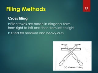 Filing Methods
Cross filing
File strokes are made in diagonal form
from right to left and then from left to right
 Used for medium and heavy cuts
56
 