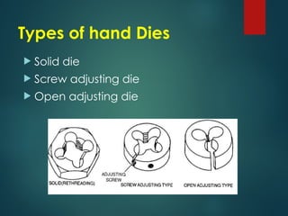 Types of hand Dies
 Solid die
 Screw adjusting die
 Open adjusting die
 
