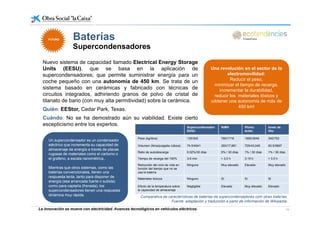 Baterías
Nuevo sistema de capacidad llamado Electrical Energy Storage
Baterías
Supercondensadores
FUTUROFUTURO
Nuevo sistema de capacidad llamado Electrical Energy Storage
Units (EESU), que se basa en la aplicación de
supercondensadores; que permite suministrar energía para un
coche pequeño con una autonomía de 450 km. Se trata de un
sistema basado en cerámicas y fabricado con técnicas de
Una revolución en el sector de la
electromovilidad:
Reducir el peso,
minimizar el tiempo de recarga,
sistema basado en cerámicas y fabricado con técnicas de
circuitos integrados, adhiriendo granos de polvo de cristal de
titanato de bario (con muy alta permitividad) sobre la cerámica.
Quién: EEStor, Cedar Park, Texas.
incrementar la durabilidad,
reducir los materiales tóxicos y
¡obtener una autonomía de más de
450 km!
Cuándo: No se ha demostrado aún su viabilidad. Existe cierto
escepticismo entre los expertos. Supercondensador
EESU
NiMH Plomo
ácido
Iones de
litio
Peso (kg/libra) 135/300 780/1716 1660/3646 340/752
Un supercondensador es un condensador
eléctrico que incrementa su capacidad de
almacenaje de energía a través de placas
rugosas de materiales como el carbono o
el grafeno, a escala nanométrica,.
Peso (kg/libra) 135/300 780/1716 1660/3646 340/752
Volumen (litros/pulgada cúbica) 74.5/4541 293/17,881 705/43,045 93.5/5697
Ratio de autodescarga 0.02%/30 días 5% / 30 días 1% / 30 días 1% / 30 días
Tiempo de recarga del 100% 3-6 min > 3.0 h 3-15 h > 3.0 h
R d ió d l i l d id Ni M l d El d M l d
Mientras que otros sistemas, como las
baterías convencionales, tienen una
respuesta lenta, tanto para disponer de
energía (sea arrancada fuerte o subida)
como para captarla (frenada); los
supercondensadores tienen una respuesta
Reducción del ciclo de vida en
función del tiempo que no se
usa la batería
Ninguna Muy elevado Elevado Muy elevado
Materiales tóxicos Ninguno Sí Sí Sí
Efecto de la temperatura sobre
la capacidad de almacenaje
Negligible Elevado Muy elevado Elevado
La innovación se mueve con electricidad. Avances tecnológicos en vehículos eléctricos 10
supercondensadores tienen una respuesta
dinámica muy rápida. Comparativa de características de baterías de supercondensadores com otras baterías.
Fuente: adaptación y traducción a partir de información de Wikipedia.
la capacidad de almacenaje
 