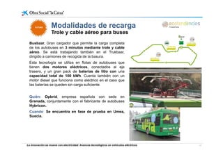 Modalidades de recargaModalidades de recarga
Trole y cable aéreo para buses
Busbaar Gran cargador que permite la carga completa
FUTUROFUTURO
Busbaar. Gran cargador que permite la carga completa
de los autobuses en 3 minutos mediante trole y cable
aéreo. Se está trabajando también en el Trukbaar,
dirigido a camiones de recogida de la basura.
Esta tecnología se utiliza en flotas de autobuses que
tienen dos motores eléctricos, conectados al eje
trasero, y un gran pack de baterías de litio con una
capacidad total de 100 kWh. Cuenta también con un
motor diesel que funciona como eléctrico en el caso que
las baterías se queden sin carga suficiente.
Quién: Opbrid empresa española con sede enQuién: Opbrid, empresa española con sede en
Granada, conjuntamente con el fabricante de autobuses
Hybricon.
Cuando: Se encuentra en fase de prueba en Umea,
Suecia.
La innovación se mueve con electricidad. Avances tecnológicos en vehículos eléctricos 17
 