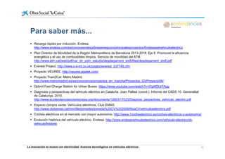 Recarga rápida por inducción Endesa
Para saber más...
Recarga rápida por inducción. Endesa.
http://www.endesa.com/es/conoceendesa/lineasnegocio/principalesproyectos/Endesayelvehiculoelectrico
Plan Director de Movilidad de la Región Metropolitana de Barcelona 2013-2018. Eje 8. Promover la eficiencia
energética y el uso de combustibles limpios. Servicio de movilidad del ATM.
http://www atm cat/web/pdf/ca/ dir pdm estudis/desplegament eix8/files/desplegament eix8 pdfhttp://www.atm.cat/web/pdf/ca/_dir_pdm_estudis/desplegament_eix8/files/desplegament_eix8.pdf
Everest Project. http://www.c-e-int.co.uk/pages/everest_237745.cfm
Proyecto VEUREE. http://veuree.goplek.com/
Proyecto Train2Car. Metro Madrid.
http://www.metromadrid.es/es/conocenos/proyectos_en_marcha/Proyectos_IDi/Proyecto06/
Opbrid Fast Charge Station for Urban Buses. https://www.youtube.com/watch?v=l7gWDUrTAqg
Diagnosis y perspectivas del vehículo eléctrico en Cataluña. Joan Pallisé (coord.). Informe del CADS 10. Generalitat
de Catalunya. 2010.
http://www.ecotendenciascosmocaixa.org/documents/12603/17023/Diagnosi_perpectives_vehículo_electric.pdf
Espacio compra verde. Vehículos eléctricos. Club EMAS.
http://www.clubemas.cat/mm/file/jornades/jornada%20CV%202009/fitxaCVvehículoselectrics.pdf
Coches eléctricos en el mercado con mayor autonomía. http://www.1cocheelectrico.es/coches-electricos-y-autonomía/y p y
Evolución histórica del vehículo eléctrico. Endesa. http://www.endesavehiculoelectrico.com/vehiculo-electrico/el-
vehiculo/historia
La innovación se mueve con electricidad. Avances tecnológicos en vehículos eléctricos 20
 