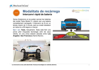Modalitats de recàrrega
Xarxa d’estacions on es poden canviar les bateries
Modalitats de recàrrega
Intercanvi ràpid de bateria
Xarxa d estacions on es poden canviar les bateries
del model Tesla Model S i obtenir així una bateria
completament carregada. L’intercanvi es fa en un
temps màxim de 3 minuts, però ja s’està treballant
en reduir lo a 90 segons o menysen reduir-lo a 90 segons o menys.
Qui i on: Tesla. Actualment, Tesla està fent una
prova pilot d’aquesta tecnologia amb els seus
clients, en una única estació ubicada entre Los
Angeles i San Francisco (Harris Ranch).
La innovació es mou amb electricitat. Avenços tecnològics en vehicles elèctrics 13
 
