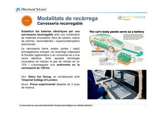 Modalitats de recàrrega
Substituir les bateries elèctriques per una
Modalitats de recàrrega
Carrosseria recarregable
Substituir les bateries elèctriques per una
carrosseria recarregable amb una combinació
de materials innovadors: fibra de carboni, resina
de polímer, nanomaterials i supercondensadors
estructuralsestructurals.
La carrosseria (terra, sostre, portes i capó)
emmagatzema energia i es recarrega mitjançant
la frenada regenerativa o en connectar-se a una
xarxa elèctrica. Amb aquesta tecnologia
innovadora es redueix el pes de vehicle en un
15% i s’aconsegueix una autonomia en la
carrosseria de 130 km.
Qui: Volvo Car Group, en col·laboració amb
l’Imperial College of London.
Quan: Prova experimental després de 3 anys
de recerca.
La innovació es mou amb electricitat. Avenços tecnològics en vehicles elèctrics 14
 