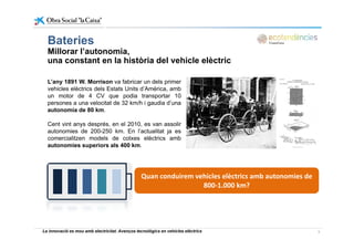 BateriesBateries
Millorar l’autonomia,
una constant en la història del vehicle elèctric
L’any 1891 W. Morrison va fabricar un dels primer
vehicles elèctrics dels Estats Units d’Amèrica, amb
un motor de 4 CV que podia transportar 10un motor de 4 CV que podia transportar 10
persones a una velocitat de 32 km/h i gaudia d’una
autonomia de 80 km.
Cent vint anys després en el 2010 es van assolirCent vint anys després, en el 2010, es van assolir
autonomies de 200-250 km. En l’actualitat ja es
comercialitzen models de cotxes elèctrics amb
autonomies superiors als 400 km.
Quan conduirem vehicles elèctrics amb autonomies de 
800‐1.000 km? 
La innovació es mou amb electricitat. Avenços tecnològics en vehicles elèctrics 6
 