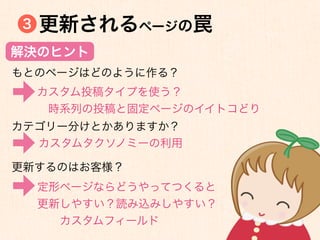 3   更新されるページの罠
解決のヒント
もとのページはどのように作る？
    カスタム投稿タイプを使う？
     時系列の投稿と固定ページのイイトコどり
カテゴリー分けとかありますか？
  カスタムタクソノミーの利用

更新するのはお客様？
    定形ページならどうやってつくると
    更新しやすい？読み込みしやすい？
      カスタムフィールド
 