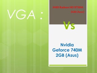 Vs 
VGA : 
AMD Radeon HD 8750M 
2GB (Acer) 
Nvidia 
Geforce 740M 
2GB (Asus) 
 