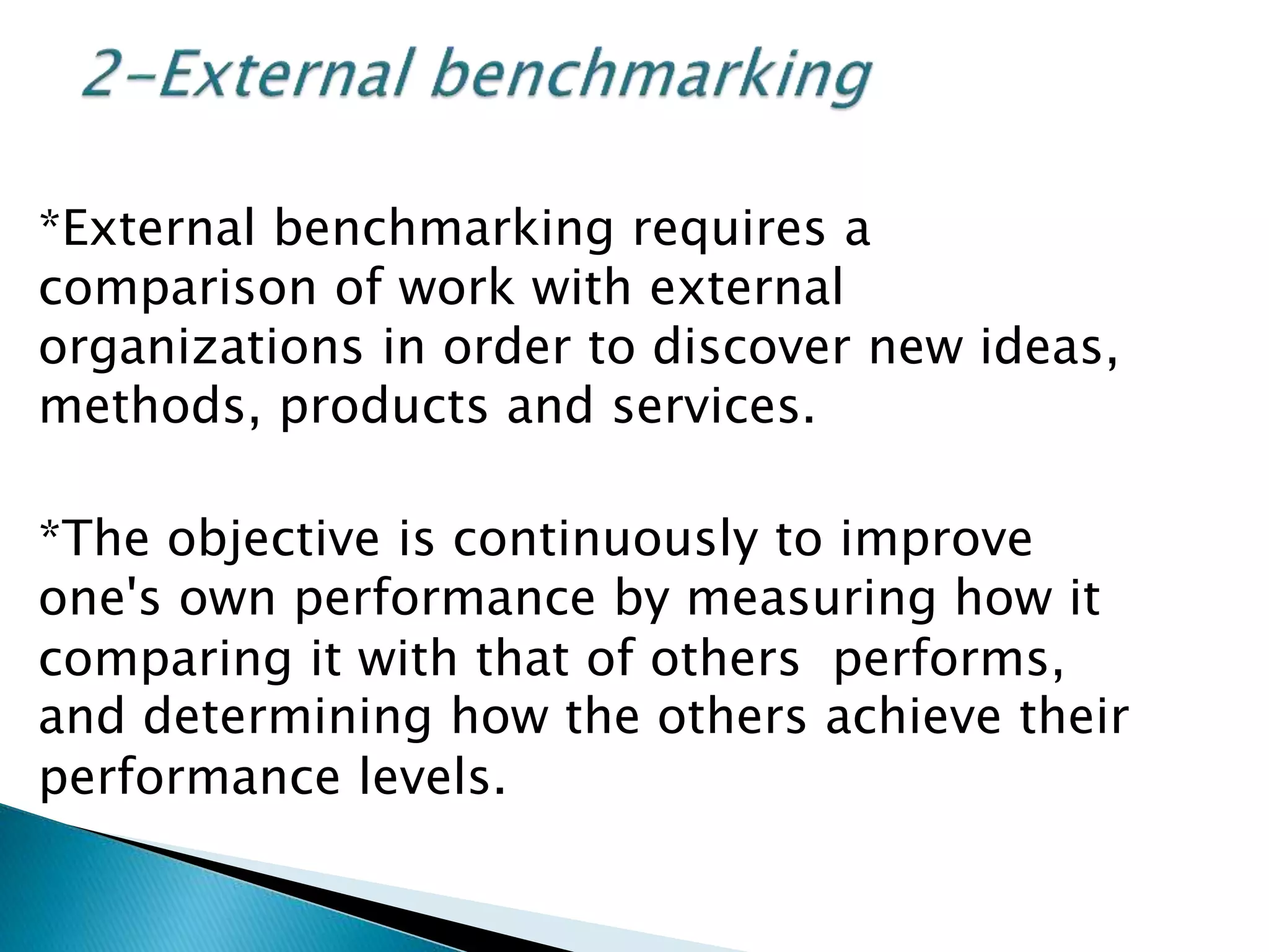*External benchmarking requires a
comparison of work with external
organizations in order to discover new ideas,
methods, products and services.
*The objective is continuously to improve
one's own performance by measuring how it
performs,comparing it with that of others
and determining how the others achieve their
performance levels.
 