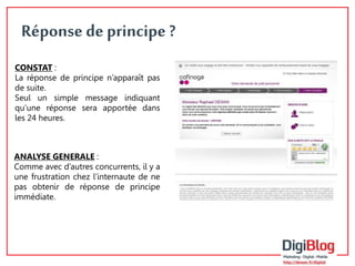 10 
Réponse de principe ? 
CONSTAT : 
La réponse de principe n’apparaît pas 
de suite. 
Seul un simple message indiquant 
qu’une réponse sera apportée dans 
les 24 heures. 
ANALYSE GENERALE : 
Comme avec d’autres concurrents, il y a 
une frustration chez l’internaute de ne 
pas obtenir de réponse de principe 
immédiate. 
 