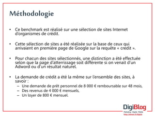 Méthodologie 
• Ce benchmark est réalisé sur une sélection de sites Internet 
d’organismes de crédit. 
• Cette sélection de sites a été réalisée sur la base de ceux qui 
arrivaient en première page de Google sur la requête « credit ». 
• Pour chacun des sites sélectionnés, une distinction a été effectuée 
selon que la page d’atterrissage soit différente si on venait d’un 
Adword ou d’un résultat naturel. 
• La demande de crédit a été la même sur l’ensemble des sites, à 
savoir : 
– Une demande de prêt personnel de 8 000 € remboursable sur 48 mois, 
– Des revenus de 4 000 € mensuels, 
– Un loyer de 800 € mensuel. 
 