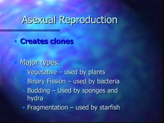 Asexual Reproduction

• Creates clones

• Major types:
  • Vegetative – used by plants
  • Binary Fission – used by bacteria
  • Budding – Used by sponges and
    hydra
  • Fragmentation – used by starfish
 