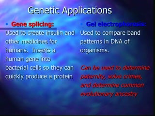 Genetic Applications
• Gene splicing:              • Gel electrophoresis:
Used to create insulin and    Used to compare band
other medicines for           patterns in DNA of
humans. Inserts a             organisms.
human gene into
bacterial cells so they can   Can be used to determine
quickly produce a protein     paternity, solve crimes,
                              and determine common
                              evolutionary ancestry
 