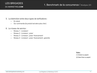 LES BRIGADES
                                                        1. Benchmark de la concurrence / Analyse 2/3
DU MARKETING.COM




5. La distinction entre deux types de tarifications :
       –    En stock
       –    Sur commande (le produit est alors plus cher)


6. Le niveau de service :
       –    Niveau 1 : Livraison1
       –    Niveau 2 : Livraison1, pose1
       –    Niveau 3 : Livraison1, pose1, financement2
       –    Niveau 4 : Livraison1, pose1, financement2, garantie




                                                                                      Notes :
                                                                                      (1) Gratuit ou payant
                                                                                      (2) Sans frais ou payant




www.lesbrigadesdumarketing.com                  Les Brigades du Marketing © 2012                              11
 