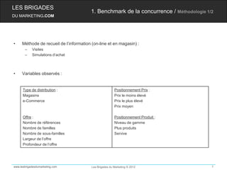 LES BRIGADES
                                        1. Benchmark de la concurrence / Méthodologie 1/2
DU MARKETING.COM




•    Méthode de recueil de l’information (on-line et en magasin) :
       –    Visites
       –    Simulations d’achat




•    Variables observés :


      Type de distribution :                             Positionnement Prix :
      Magasins                                           Prix le moins élevé
      e-Commerce                                         Prix le plus élevé
                                                         Prix moyen

      Offre :                                            Positionnement Produit :
      Nombre de références                               Niveau de gamme
      Nombre de familles                                 Plus produits
      Nombre de sous-familles                            Servive
      Largeur de l’offre
      Profondeur de l’offre




www.lesbrigadesdumarketing.com           Les Brigades du Marketing © 2012               7
 