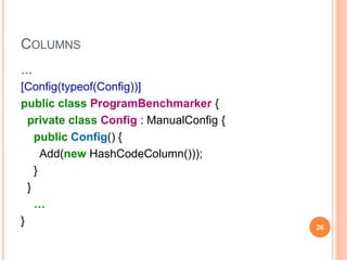 COLUMNS
…
[Config(typeof(Config))]
public class ProgramBenchmarker {
private class Config : ManualConfig {
public Config() {
Add(new HashCodeColumn()));
}
}
…
} 26
 