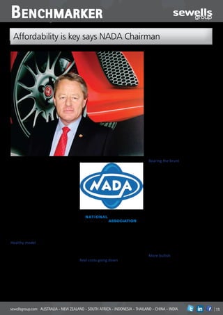 B enchmarker
 Affordability is key says NADA Chairman

                                                                                                       Derik Scorer:
                                                                                                       ‘… it will be
                                                                                                      a determining
                                                                                                     factor in buying
                                                                                                      decisions over
                                                                                                       the next few
                                                                                                         years…’
                                                                                                 growth trend with the record low prime
                                                                                                 lending rate; the longer financing periods;
                                                                                                 extended servicing intervals; and the
                                                                                                 widening application of service and/or
                                                                                                 maintenance plans as standard benefits,
                                                                                                 you can see this reduction in monthly
                                                                                                 ownership costs.’

                                                                                                 Bearing the brunt
The proliferation of brands, models and                                                          There has been a downside to this
derivatives available in the RSA market                                                          ‘affordability phenomenon’, says Derik – the
is concerning and unsustainable, Derik                                                           used car side of the business was bearing
Scorer told BenchMarker as he entered his                                                        the brunt:
second term as chairman of the National                                                          ‘Used vehicle retail sales have been put
Automobile Dealers’ Association (NADA) of                                                        under pressure both by the affordability
South Africa.                                                                                    factor and the intense competition in the
‘Ultimately there is the possibility of the                                                      new car market at the lower end, especially
sales throughput per outlet falling in a flat                                                    models priced below R150 000.’
market and this could threaten ongoing                                                           And next year, says Derik, the new car
dealer viability,’ says Derik.                                                                   pricing policies themselves would come
He also pointed to the high levels of                                                            under new pressures:
personal debt currently afflicting consumers                                                     ‘The inflationary effect of the RSA currency
in South Africa as a further cause for              NATIONAL AUTOMOBILE                          weakness will make new vehicle price
concern.                                            DEALERS’ ASSOCIATION
                                                                                                 increases unavoidable in the first quarter of
‘Affordability of vehicle purchases is going                                                     2013. This factor and other cost pressures
to become a determining factor in buying        subdued only by affordability concerns as        being felt by consumers will slow the growth
decisions over the next few years.’             new vehicle prices will tend to rise on a        of new vehicle sales in 2013 and it is my
                                                weaker rand currency.’                           expectation that the industry can look
Healthy model                                   Earlier Derik said that new vehicle sales by     forward to new vehicle sales being no more
However on the other side of the coin the       the end of 2012 would show growth of at          than five percent ahead of 2012 at best.’
way in which OEM importers and automotive       least 10% over 2011.
retailers remained positive and innovative                                                       More bullish
in their approach to the market and the         Real costs going down                            Some OEMs and vehicle importers were
diversity of client needs, supports a healthy   One of the characteristics of 2012 was           being more bullish in their forecasts for
model for the industry and consumers:           the fact that real monthly costs of vehicle      2013, says Derik. Most dealers would be
‘Forecasting in our market as far ahead as      ownership had been reducing.                     thankful for a stable economy supporting
a decade – especially amidst the present        ‘There has been further negative real growth     moderate growth:
economic and political uncertainties – is       in new car pricing this year as increases have   ‘Traditionally used vehicle sales take some
a risky science. However it’s my personal       remained at levels below the South African       benefit and are buoyed upwards by new
belief that South Africa will continue to       inflation rate.                                  vehicle price increases – and this could well
see moderate growth in new vehicle sales        ‘If you combine this negative real pricing       be the case in 2013.’



sewellsgroup.com AUSTRALIA - NEW ZEALAND - SOUTH AFRICA - INDONESIA - THAILAND - CHINA - INDIA                                      in
 