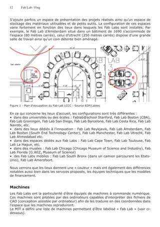 12     Fab Lab / Fing


S’ajoute parfois un espace de présentation des projets réalisés ainsi qu’un espace de
stockage des matériaux utilisables et de petits outils. La configuration de ces espaces
varie fortement en fonction des lieux dans lesquels les Fab Labs sont installés. Par
exemple, le Fab Lab d’Amsterdam situé dans un bâtiment de 1690 s’accommode de
l’espace (80 mètres carrés), celui d’Utrecht (250 mètres carrés) dispose d’une grande
salle de travail ainsi qu’un coin détente bien aménagé.




Figure 1 - Plan d’occupation du Fab Lab LCCC - Source EDP/Labtec

En ce qui concerne les lieux d’accueil, les configurations sont très différentes :  
•  dans des universités ou des écoles : Fablab@school Stanford, Fab Lab Boston (CBA),
Fab Lab Groningen, Fab Lab San Diego, Fab Lab Barcelone, Fab Lab Costa Rica, Fab Lab
Nairobi, etc.
•  dans des lieux dédiés à l’innovation : Fab Lab Reykjavik, Fab Lab Amsterdam, Fab
Lab Boston (South End Technology Center), Fab Lab Manchester, Fab Lab Utrecht, Fab
Lab Ahmedabad etc.
•  dans des espaces dédiés aux Fab Labs : Fab Lab Cape Town, Fab Lab Toulouse, Fab
Lab La Hague, etc.
•  dans des musées : Fab Lab Chicago (Chicago Museum of Science and Industry), Fab
Lab Florida (G.WIZ, Museum of Science)
•  des Fab Labs mobiles : Fab Lab South Bronx (dans un camion parcourant les Etats-
Unis), Fab Lab Amersfoort.

Nous verrons que les lieux donnent une « couleur » mais ont également des différences
notables aussi bien dans les services proposés, les équipes techniques que les modèles
de financement.


Machines
Les Fab Labs ont la particularité d’être équipés de machines à commande numérique.
Ces machines sont pilotées par des ordinateurs capables d’interpréter des fichiers de
CAO (conception assistée par ordinateur) afin de les traduire en des coordonnées dans
l’espace que les machines reproduiront.
Le MIT a défini une liste de machines permettant d’être labélisé « Fab Lab » (voir ci-
dessous).
 
