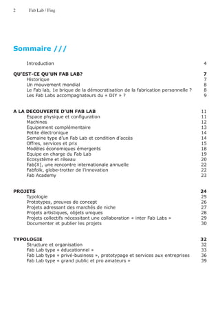 2      Fab Lab / Fing




Sommaire ///

	     Introduction	                                                                 4

QU’EST-CE QU’UN FAB LAB?	                                                          7
	   Historique	                                                                    7
	   Un mouvement mondial	                                                          8
	   Le Fab lab, 1e brique de la démocratisation de la fabrication personnelle ?	   8
	   Les Fab Labs accompagnateurs du « DIY » ?	                                     9


A LA DECOUVERTE D’UN FAB LAB	                                                      11
	    Espace physique et configuration	                                             11
	    Machines	                                                                     12
	    Equipement complémentaire	                                                    13
	    Petite électronique	                                                          14
	    Semaine type d’un Fab Lab et condition d’accès	                               14
	    Offres, services et prix	                                                     15
	    Modèles économiques émergents	                                                18
	    Equipe en charge du Fab Lab	                                                  19
	    Ecosystème et réseau	                                                         20
	    Fab(X), une rencontre internationale annuelle	                                22
	    Fabfolk, globe-trotter de l’innovation	                                       22
	    Fab Academy                                                                   23


PROJETS	                                                                           24
	   Typologie	                                                                     25
	   Prototypes, preuves de concept	                                                26
	   Projets adressant des marchés de niche	                                        27
	   Projets artistiques, objets uniques	                                           28
	   Projets collectifs nécessitant une collaboration « inter Fab Labs »	           29
	   Documenter et publier les projets	                                             30


TYPOLOGIE	                                                                         32
	   Structure et organisation	                                                     32
	   Fab Lab type « éducationnel »	                                                 33
	   Fab Lab type « privé-business », prototypage et services aux entreprises	      36
	   Fab Lab type « grand public et pro amateurs »	                                 39
 