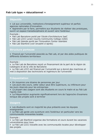 33



Fab Lab type « éducationnel »


  Objectifs
  •  Lié aux universités, institutions d’enseignement supérieur et parfois
  agences nationales d’innovation.
  •  Apprendre par le faire, permettre aux étudiants de réaliser des prototypes,
  ouvrir un espace transdisciplinaire et ouvert vers l’extérieur.
  Exemple :
  •  Fab Lab   Barcelone porté par l’école d’architecture IaaC
  •  Fab Lab   LCCC Lorain County Community College (USA)
  •  Fab Lab   Islande porté par l’innovation Center islandais
  •  Fab Lab   Stanford (voir encadré ci-après)


  Structure porteuse
  •  Financé par l’université associée au Fab Lab, et par des aides publiques de
  différents échelons territoriaux

  Exemple :
  •  Le Fab Lab de Barcelone reçoit un financement de la part de la région de
  Catalogne et de la ville de Barcelone
  •  Le Fab Lab LCCC est financé par l’université qui a donné des machines et
  met à disposition des techniciens et ingénieurs de l’université


  Fréquentation
  •  En moyenne une dizaine de personnes par jour
  •  Les jours des cours, cette valeur peut être supérieure, ou inférieure pour
  les jours réservés pour les entreprises
  •  La plupart des usagers sont des étudiants en cours le matin et au Fab Lab
  l’après midi
  •  La fréquentation augmente significativement lors de l’approche d’examens
  lorsque des projets sont à terminer


  Usagers
  •  Les étudiants sont en majorité les plus présents avec les équipes
  enseignantes
  •  Le Fab Lab garde une ouverture vers l’extérieur en particulier vers les
  communautés innovantes locales
  Exemple :
  •  Le Fab Lab Stanford organise des formations et cours durant les vacances
  universitaires pour tous
  •  Le Fab Lab LCCC travaille avec les communautés locales pour développer
  des projets
 