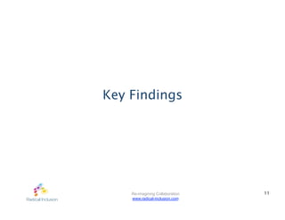 Key Findings




    Re-imagining Collaboration   11
    www.radical-inclusion.com
 