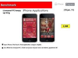 Benchmark iPhone Applications Type:   iPhone, iPod Touch, iPad application. Langue:  Anglais Jeu officiel du Liverpool FC, choisir son joueur et jouer avec ses talents, graphisme 3D (19 jan. 11) Liverpool FC keepy up king 