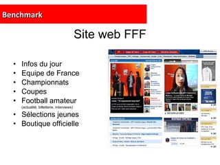 Site web FFF Infos du jour Equipe de France Championnats Coupes Football amateur (actualité, billetterie, interviews) Sélections jeunes Boutique officielle Benchmark 