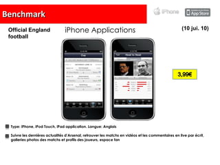 Benchmark iPhone Applications Type:   iPhone, iPod Touch, iPad application. Langue:  Anglais Suivre les dernières actualités d’Arsenal, retrouver les matchs en vidéos et les commentaires en live par écrit, galleries photos des matchs et profils des joueurs, espace fan (10 jui. 10) Official England football 